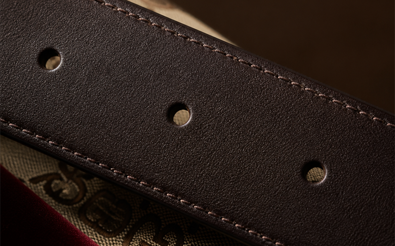 Close-up of evenly spaced holes on a Gucci leather belt showing the wide 1-inch gaps
