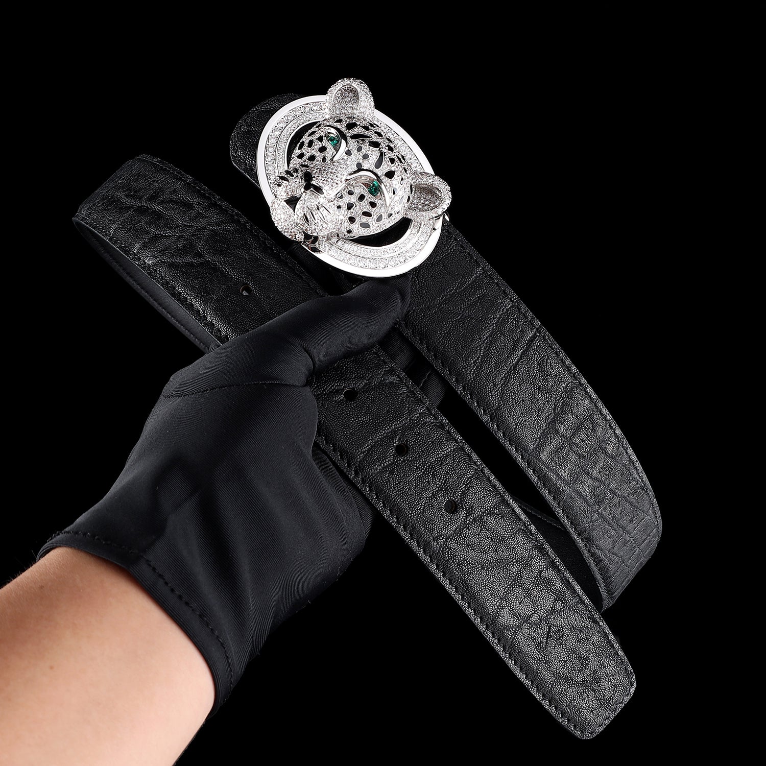 BELTLEY Black Elephant Leather Belt - 3D Silver Leopard Head Buckle 1.5 inches