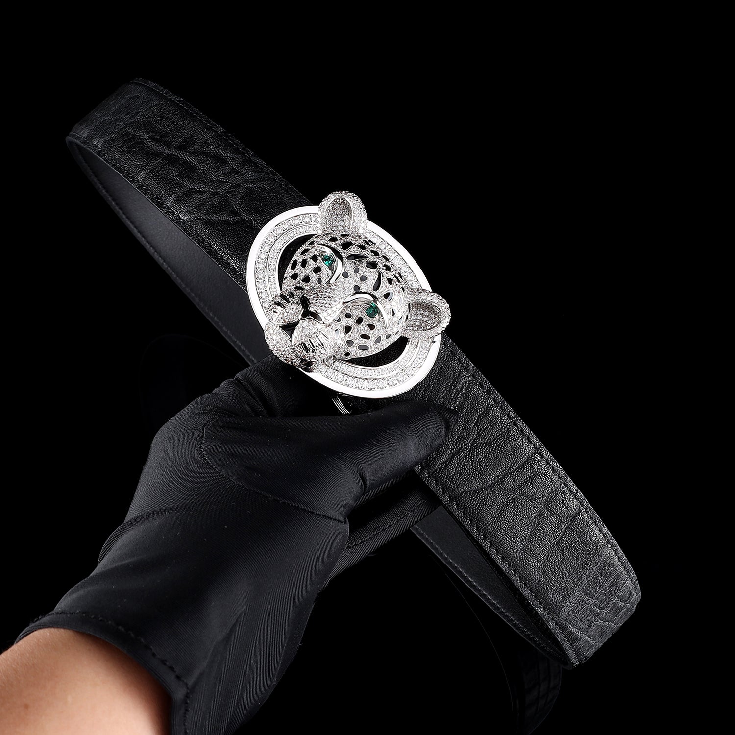 BELTLEY Black Elephant Leather Belt - 3D Silver Leopard Head Buckle 1.5 inches