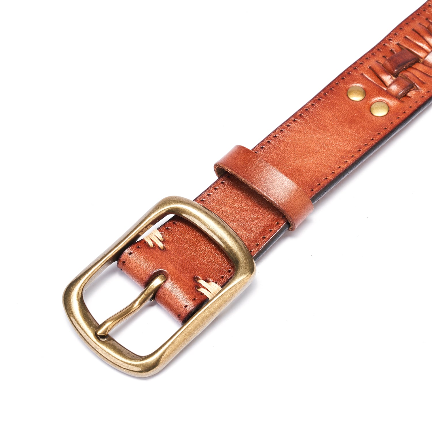 Artisan Braided Leather Belt | Solid Copper Buckle • Vintage Saddle Brown — buckle close-up | BELTLEY
