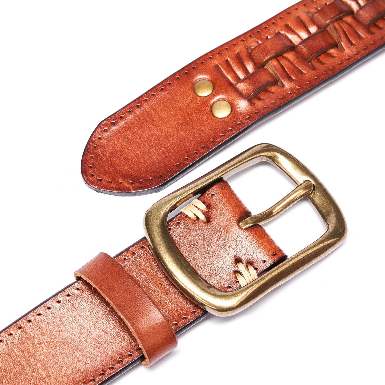 BELTLEY Artisan Braided Leather Belt | Solid Copper Buckle • Vintage Saddle Brown