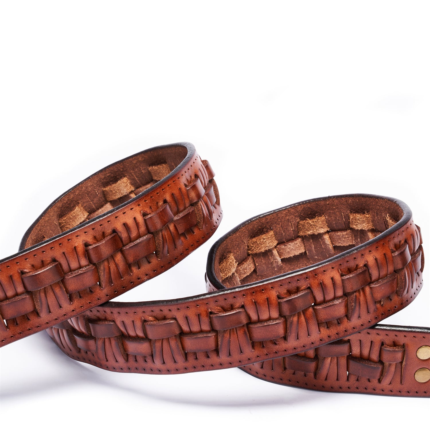 Artisan Braided Leather Belt | Solid Copper Buckle • Vintage Saddle Brown — lay-flat view | BELTLEY