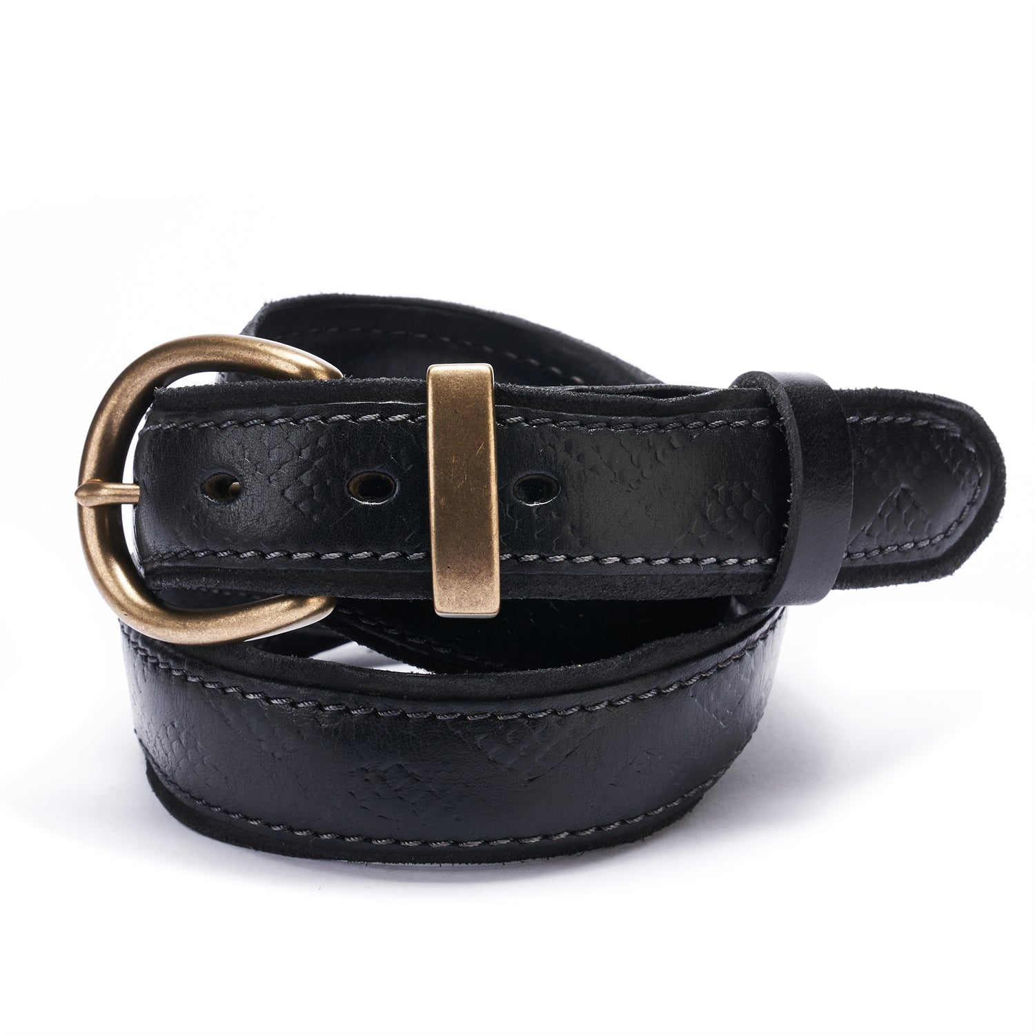 Handmade Distressed Black Leather Belt - Vintage Full Grain, Unisex — detail close-up | BELTLEY