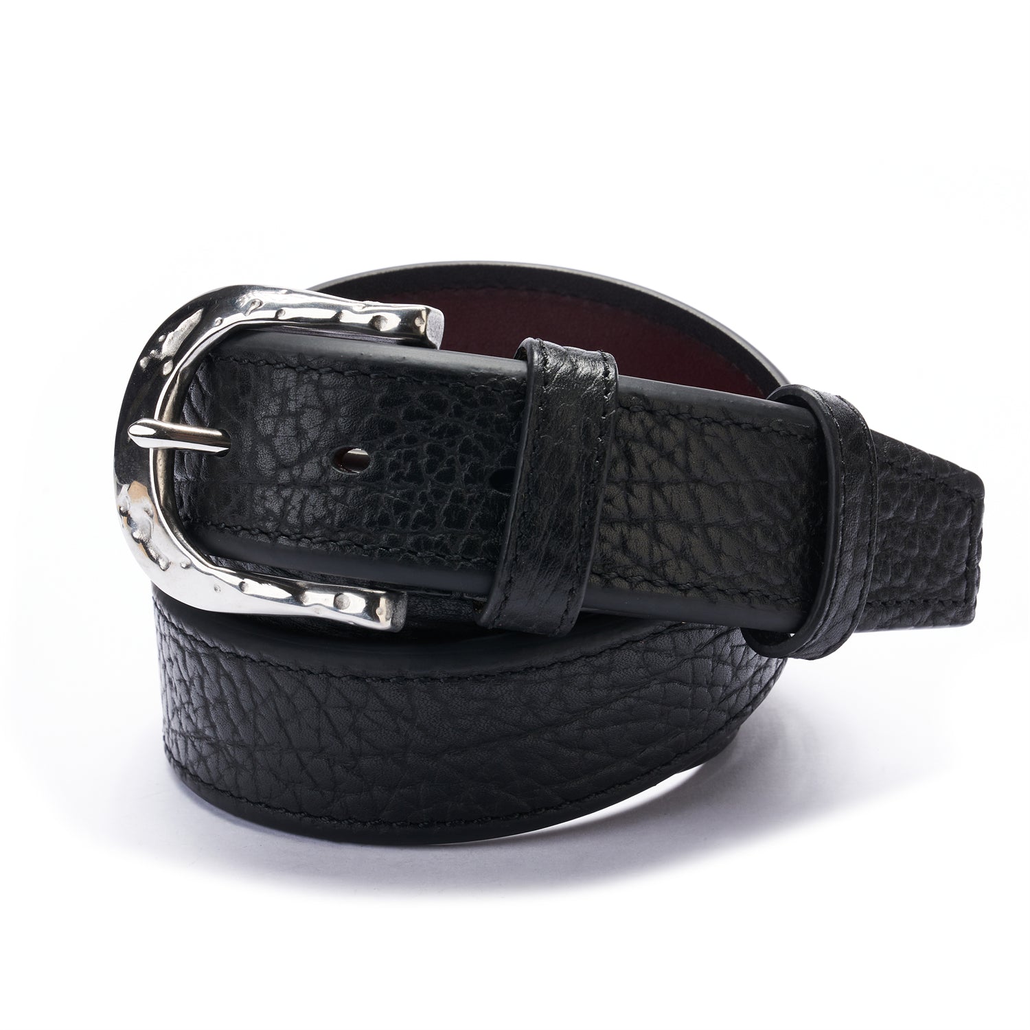Rugged Men's Black Buffalo Leather Belt – 1.5" — buckle close-up | BELTLEY