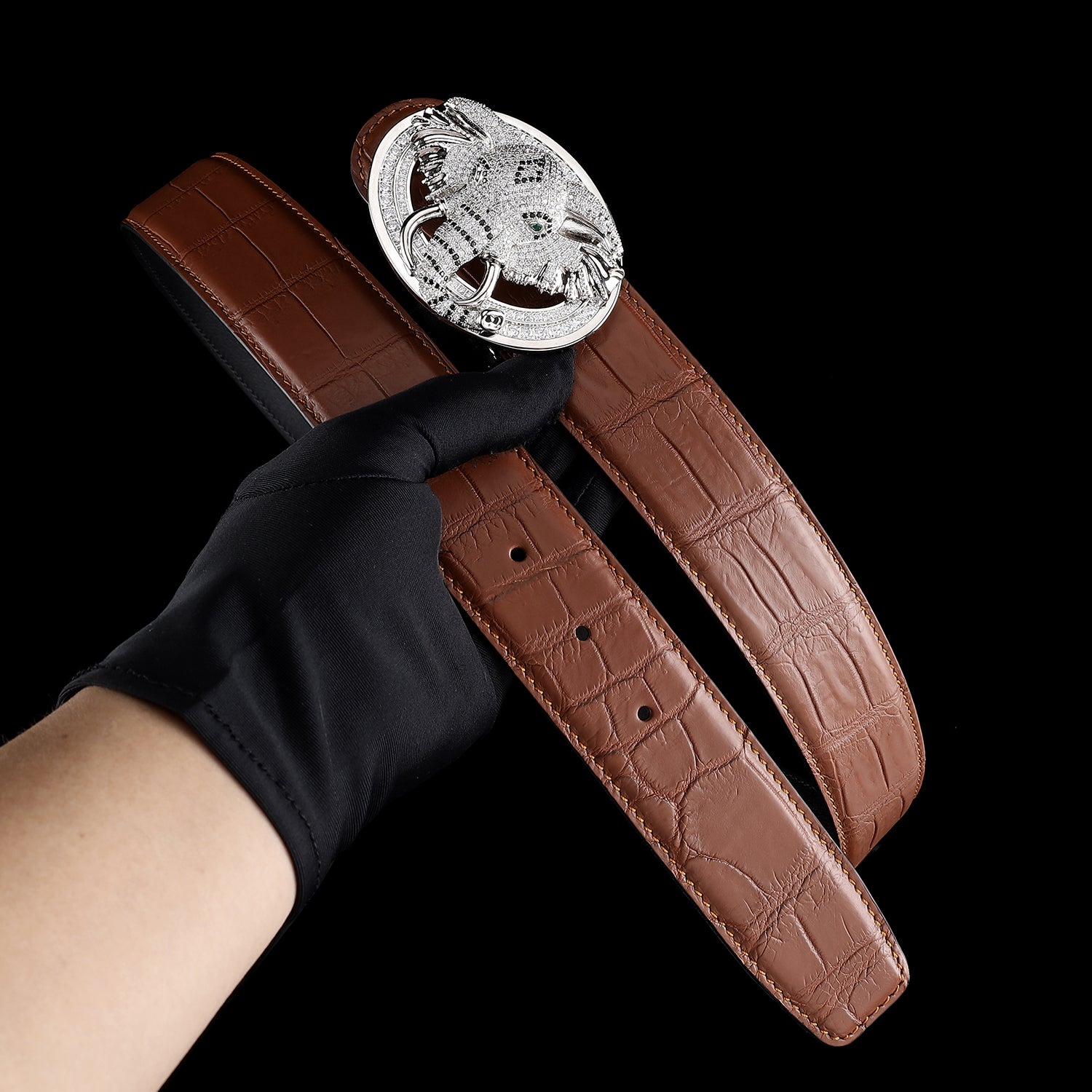 BELTLEY 3D Elephant Buckle Belt with Brown Crocodile Leather Strap