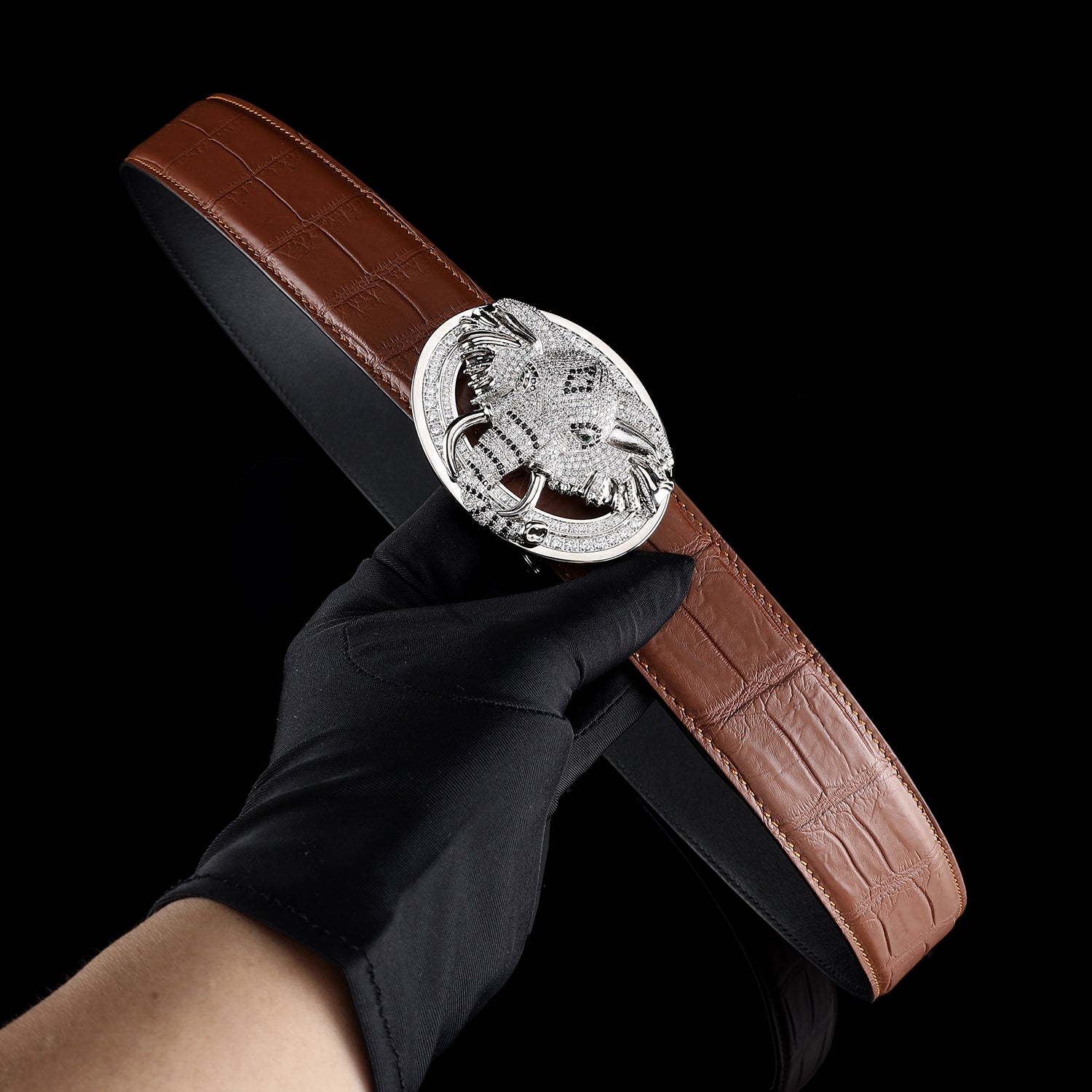 BELTLEY 3D Elephant Buckle Belt with Brown Crocodile Leather Strap