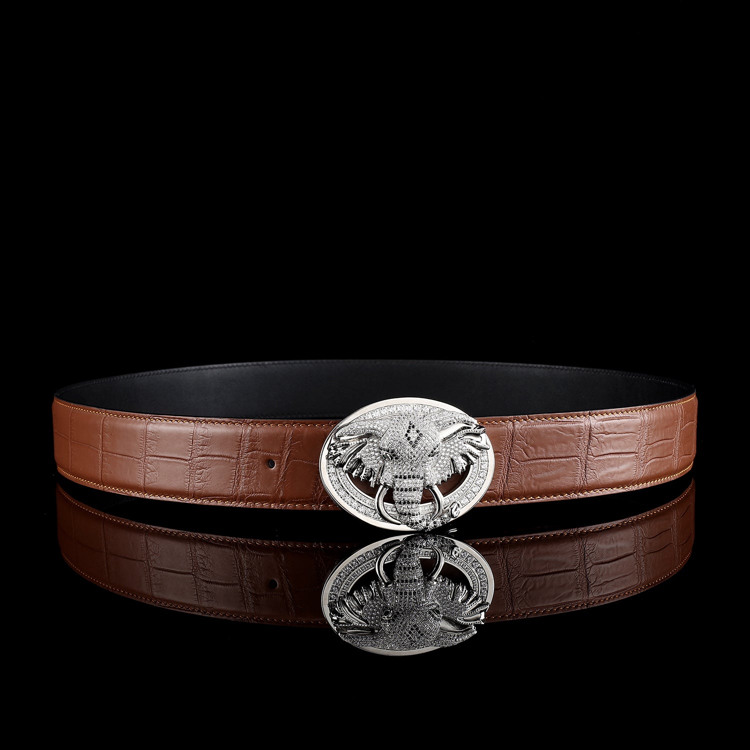 BELTLEY 3D Elephant Buckle Belt with Brown Crocodile Leather Strap
