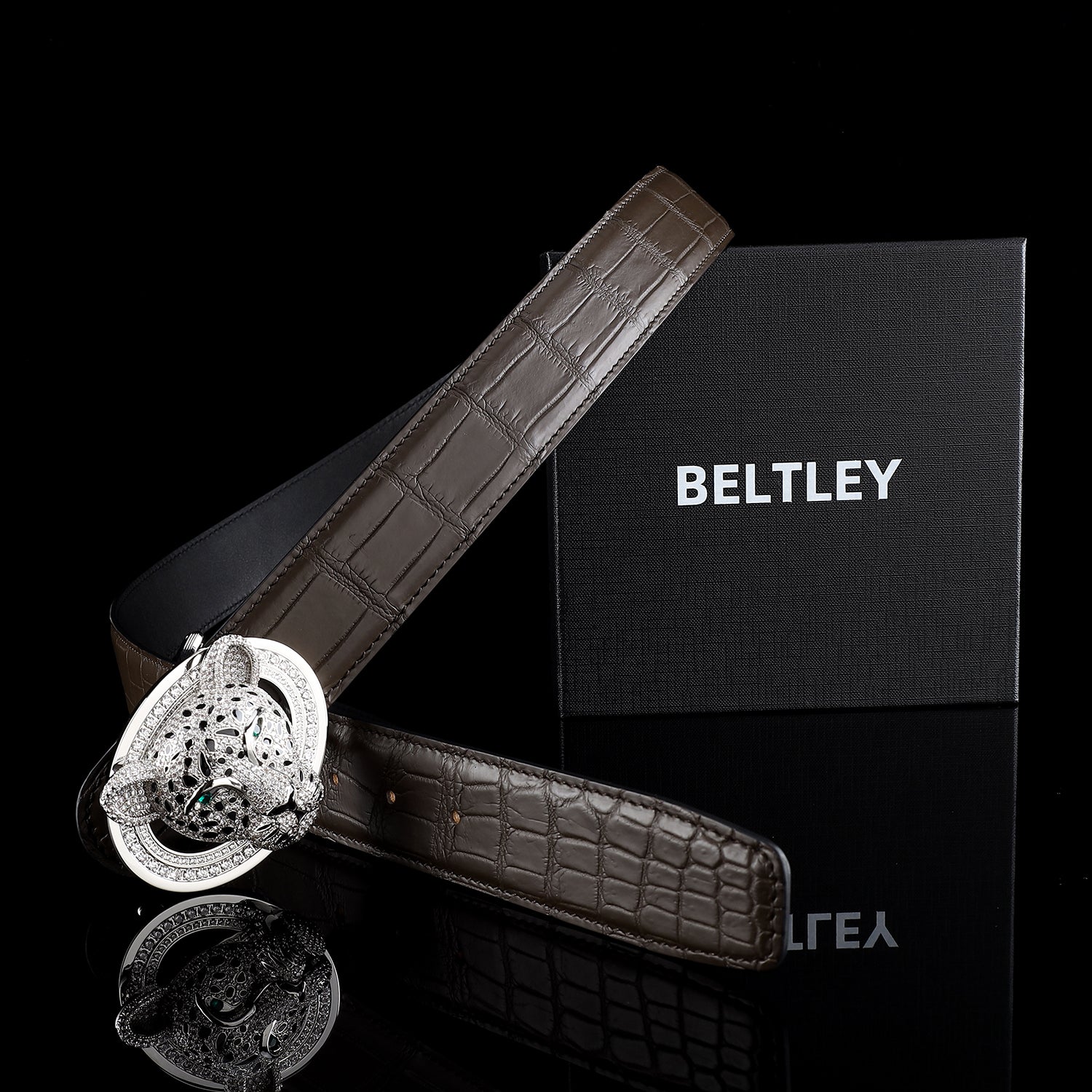BELTLEY 3D Leopard Buckle Espresso Crocodile Belt