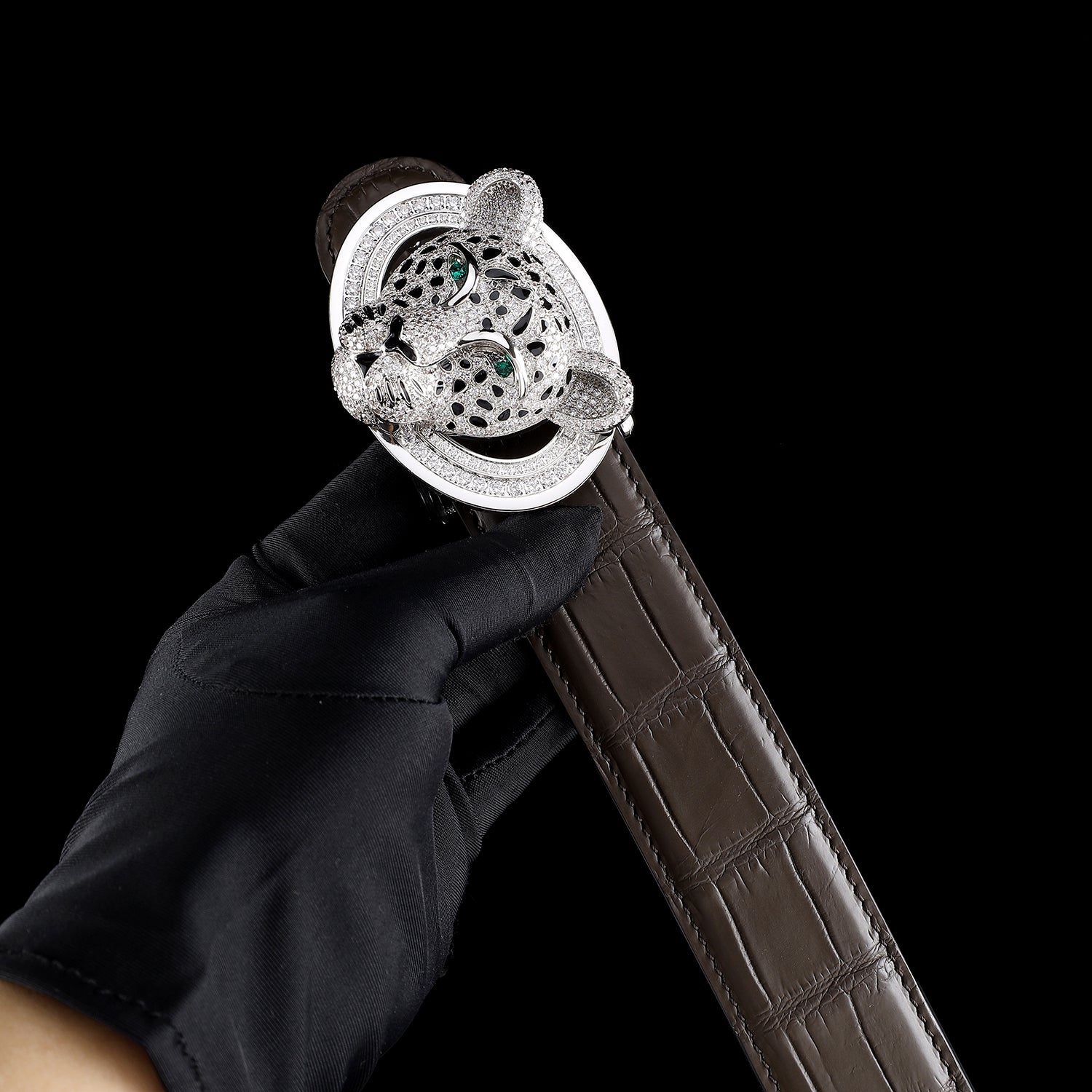 BELTLEY 3D Leopard Buckle Espresso Crocodile Belt