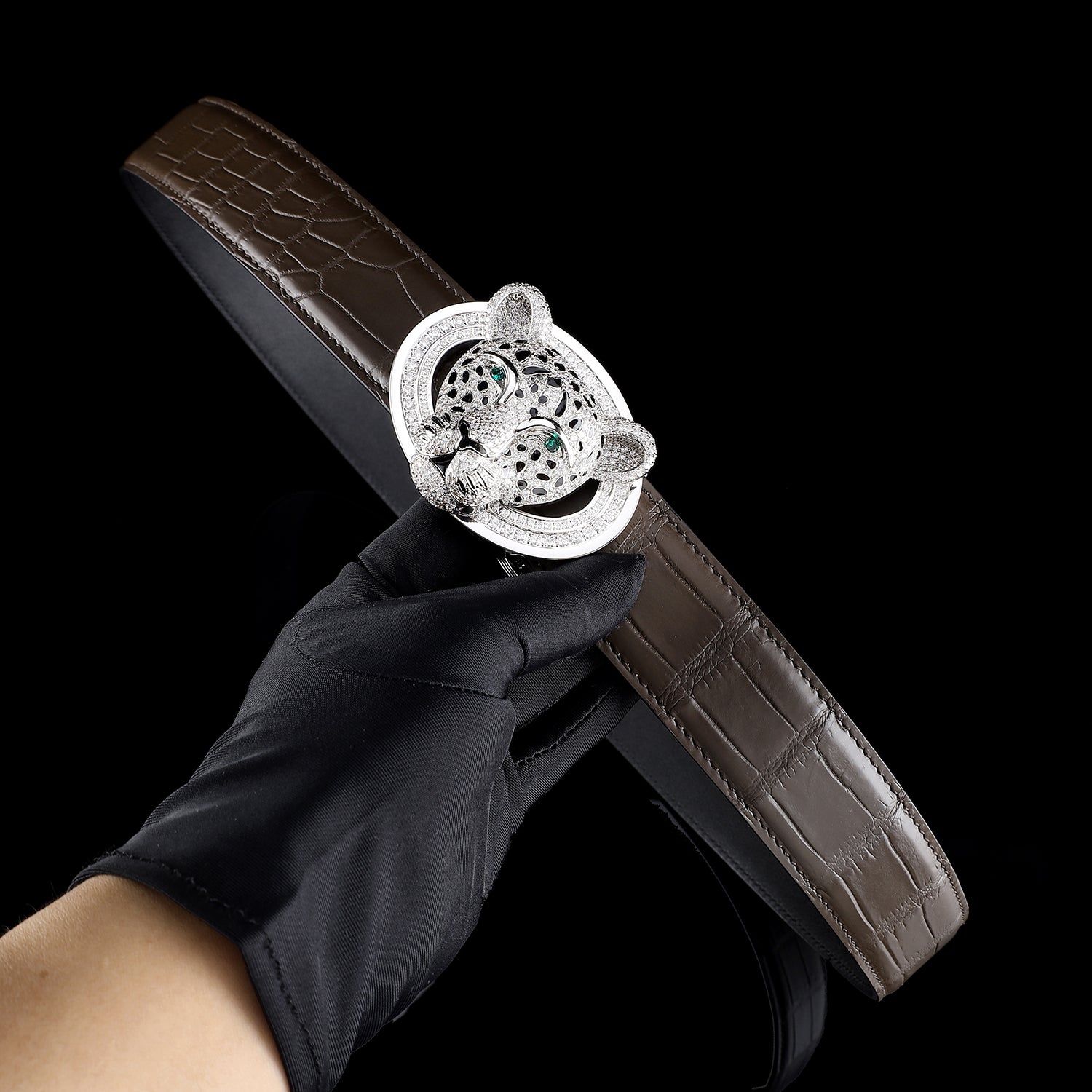 BELTLEY 3D Leopard Buckle Espresso Crocodile Belt