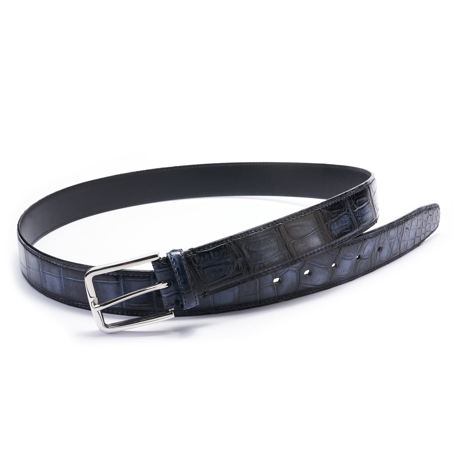 Artisan Crafted Midnight Blue Alligator Belt – Hand-Finished, 1.38" — reverse side | BELTLEY