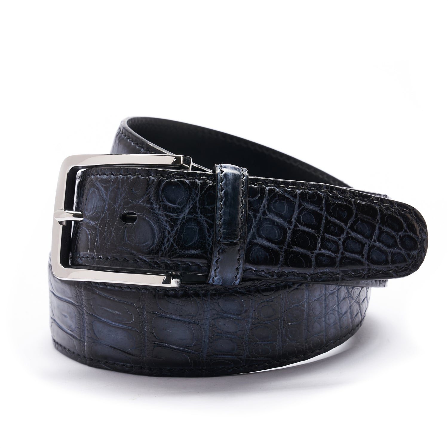 Artisan Crafted Midnight Blue Alligator Belt – Hand-Finished, 1.38" — buckle close-up | BELTLEY