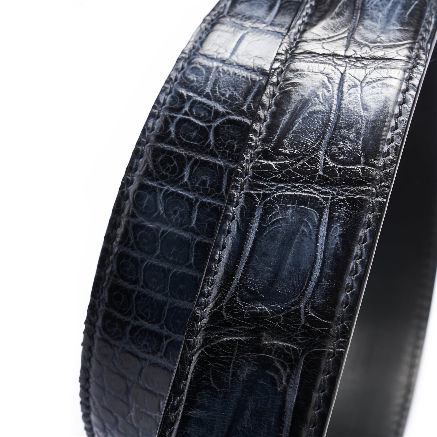 Artisan Crafted Midnight Blue Alligator Belt – Hand-Finished, 1.38" — edge detail | BELTLEY