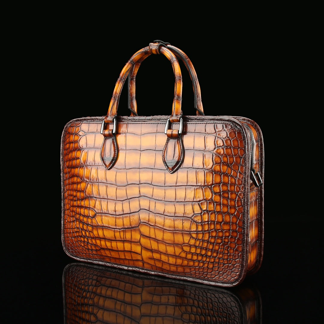 BELTLEY Artisan Patina Crocodile Briefcase | Hand-Rubbed Tan Business Bag