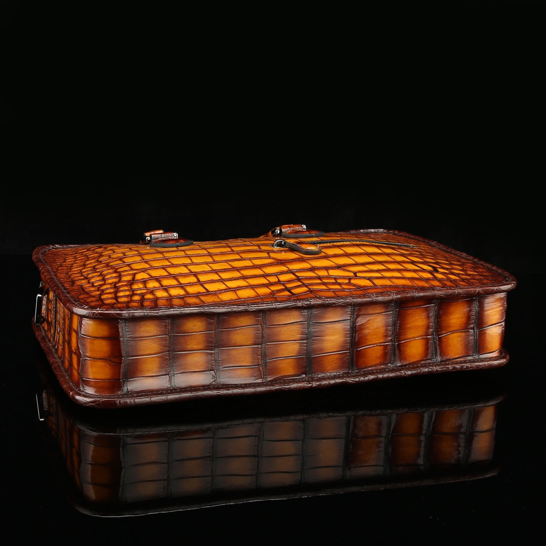 BELTLEY Artisan Patina Crocodile Briefcase | Hand-Rubbed Tan Business Bag