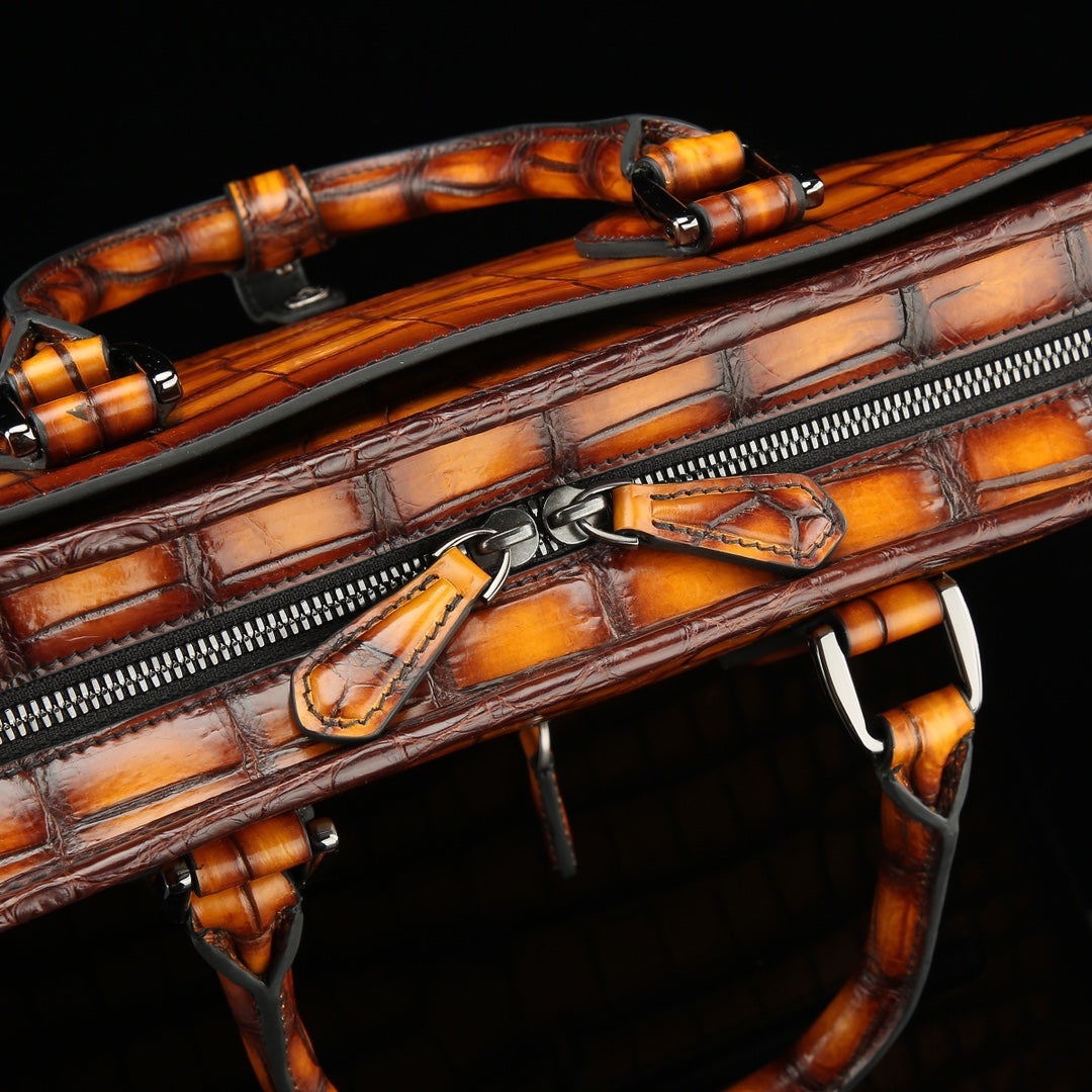BELTLEY Artisan Patina Crocodile Briefcase | Hand-Rubbed Tan Business Bag