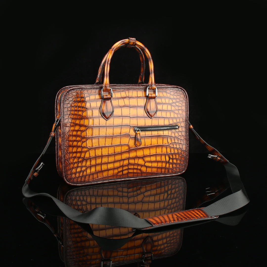 BELTLEY Artisan Patina Crocodile Briefcase | Hand-Rubbed Tan Business Bag
