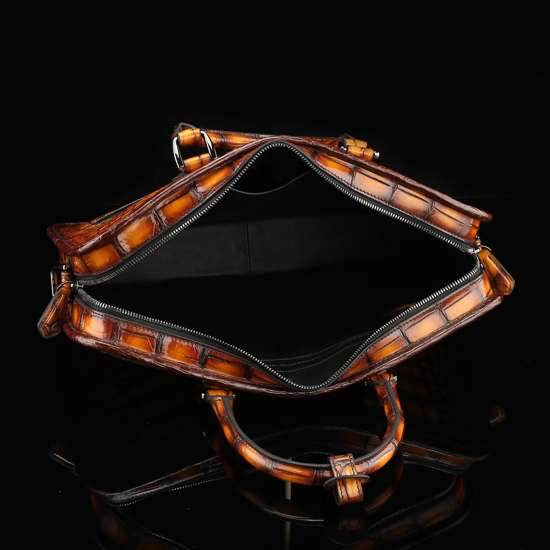 BELTLEY Artisan Patina Crocodile Briefcase | Hand-Rubbed Tan Business Bag