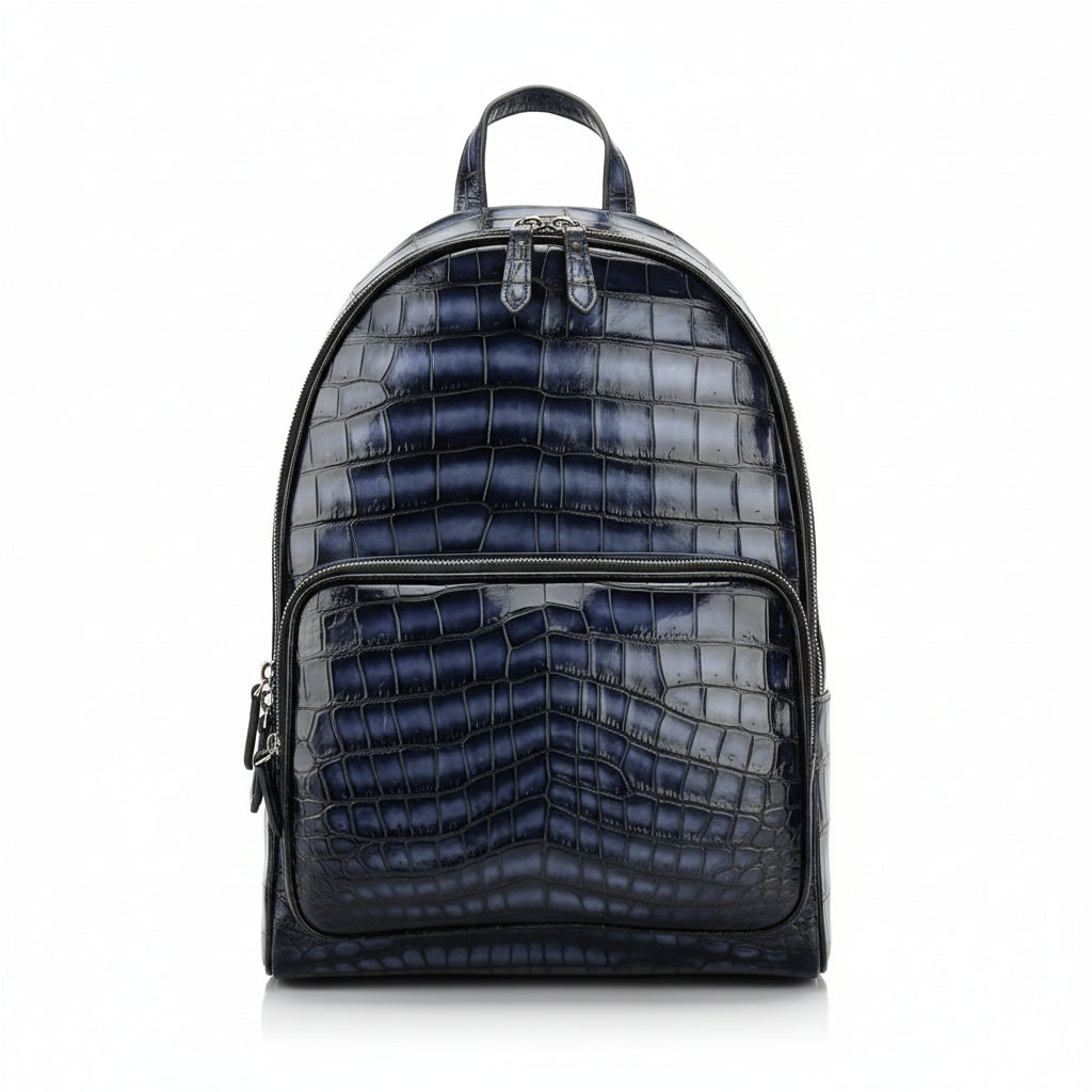 BELTLEY Artisanal French Patina Nile Crocodile Belly Backpack – Midnight Blue