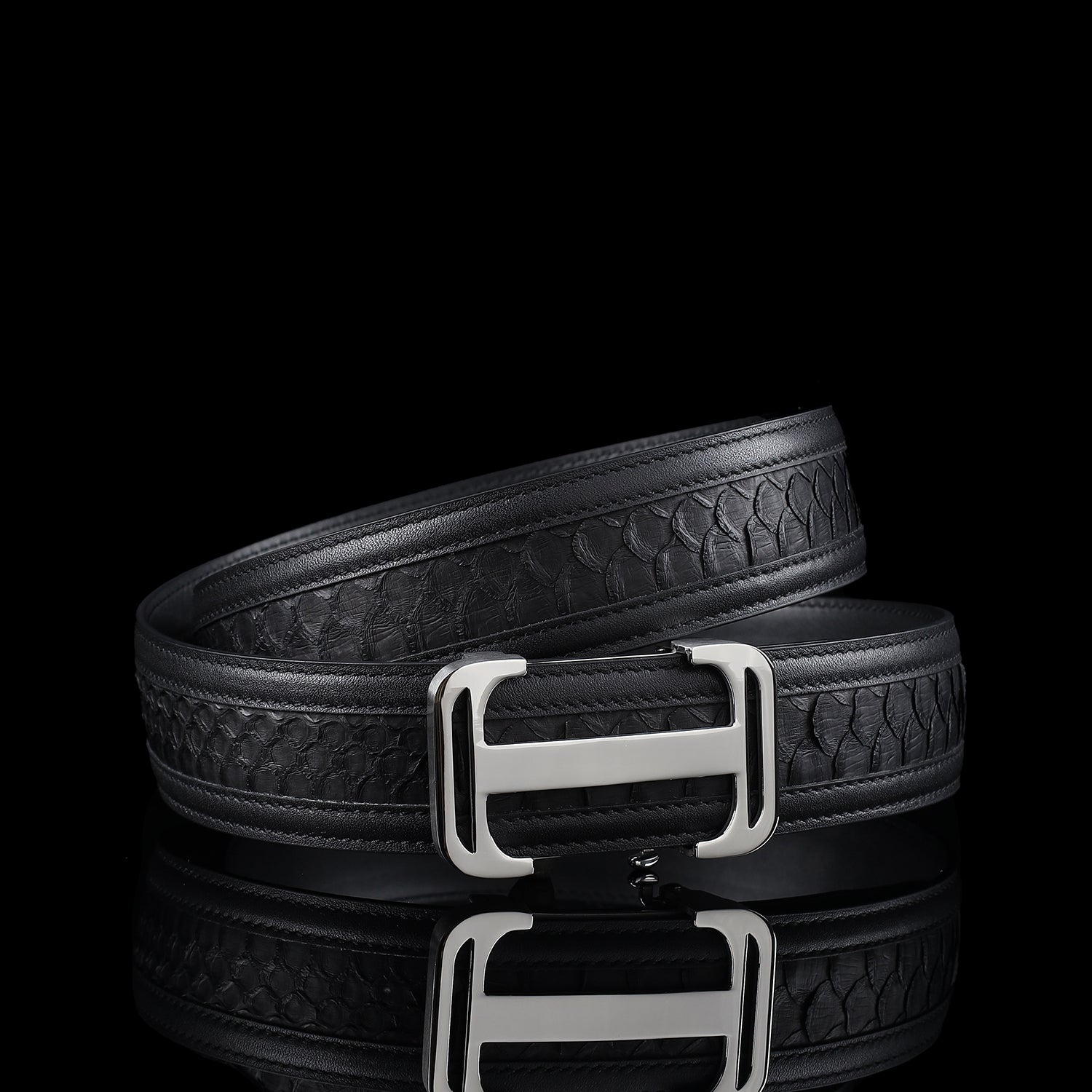 BELTLEY Authentic Black Python Leather Automatic Belt