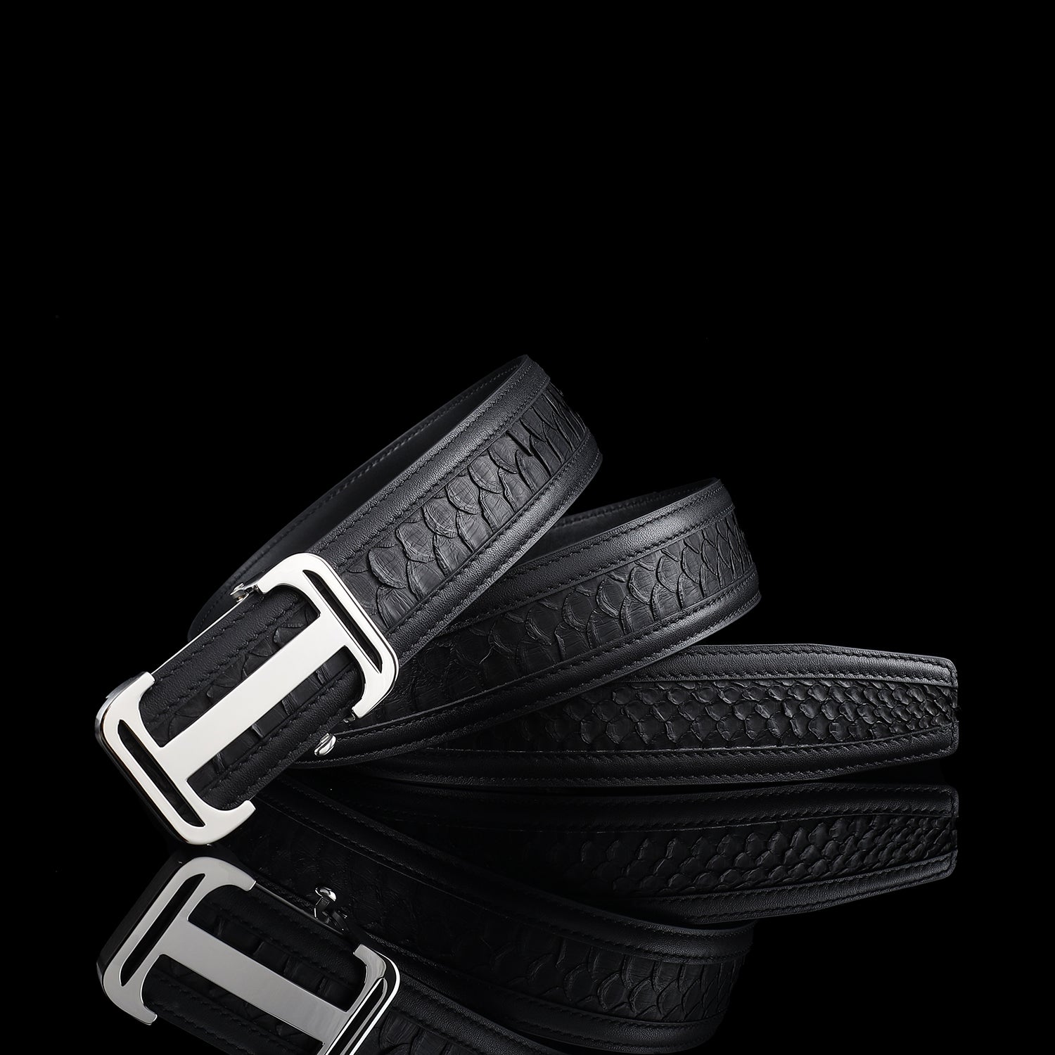 BELTLEY Authentic Black Python Leather Automatic Belt