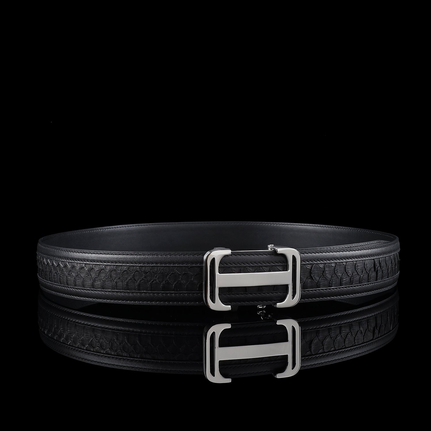 BELTLEY Authentic Black Python Leather Automatic Belt