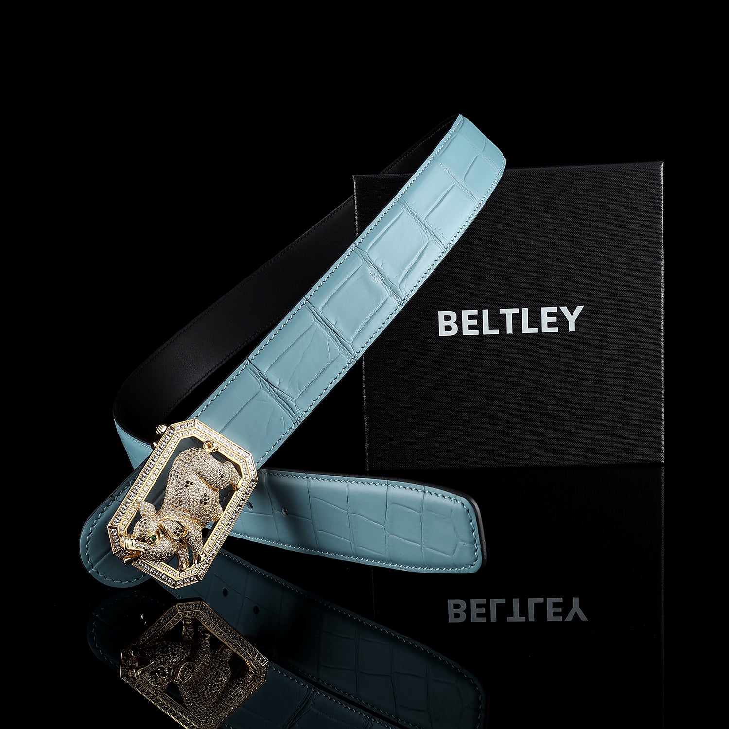BELTLEY Authentic Blue Crocodile Leather Belt with Pig Buckle
