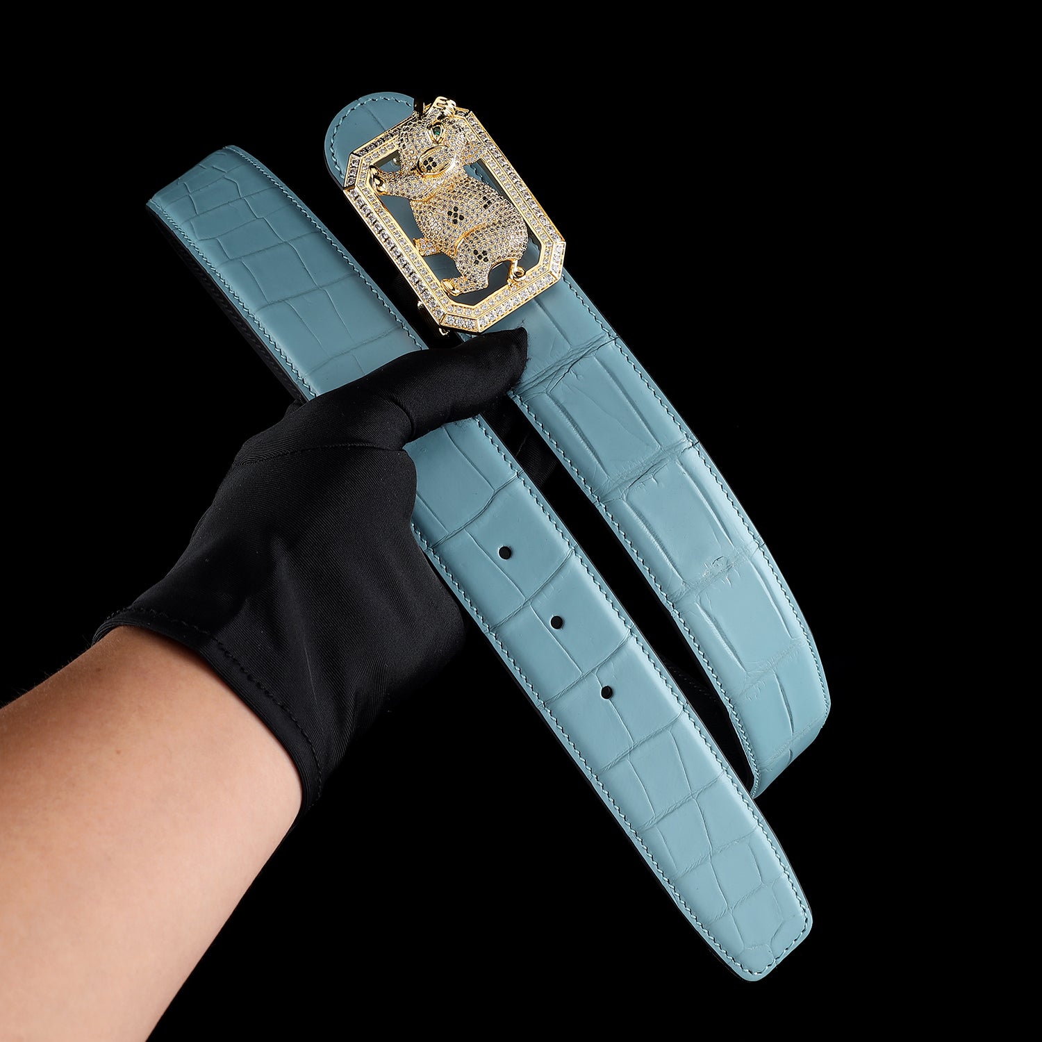 BELTLEY Authentic Blue Crocodile Leather Belt with Pig Buckle