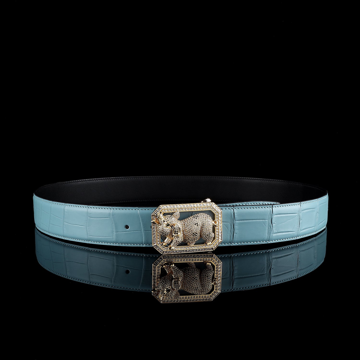 BELTLEY Authentic Blue Crocodile Leather Belt with Pig Buckle