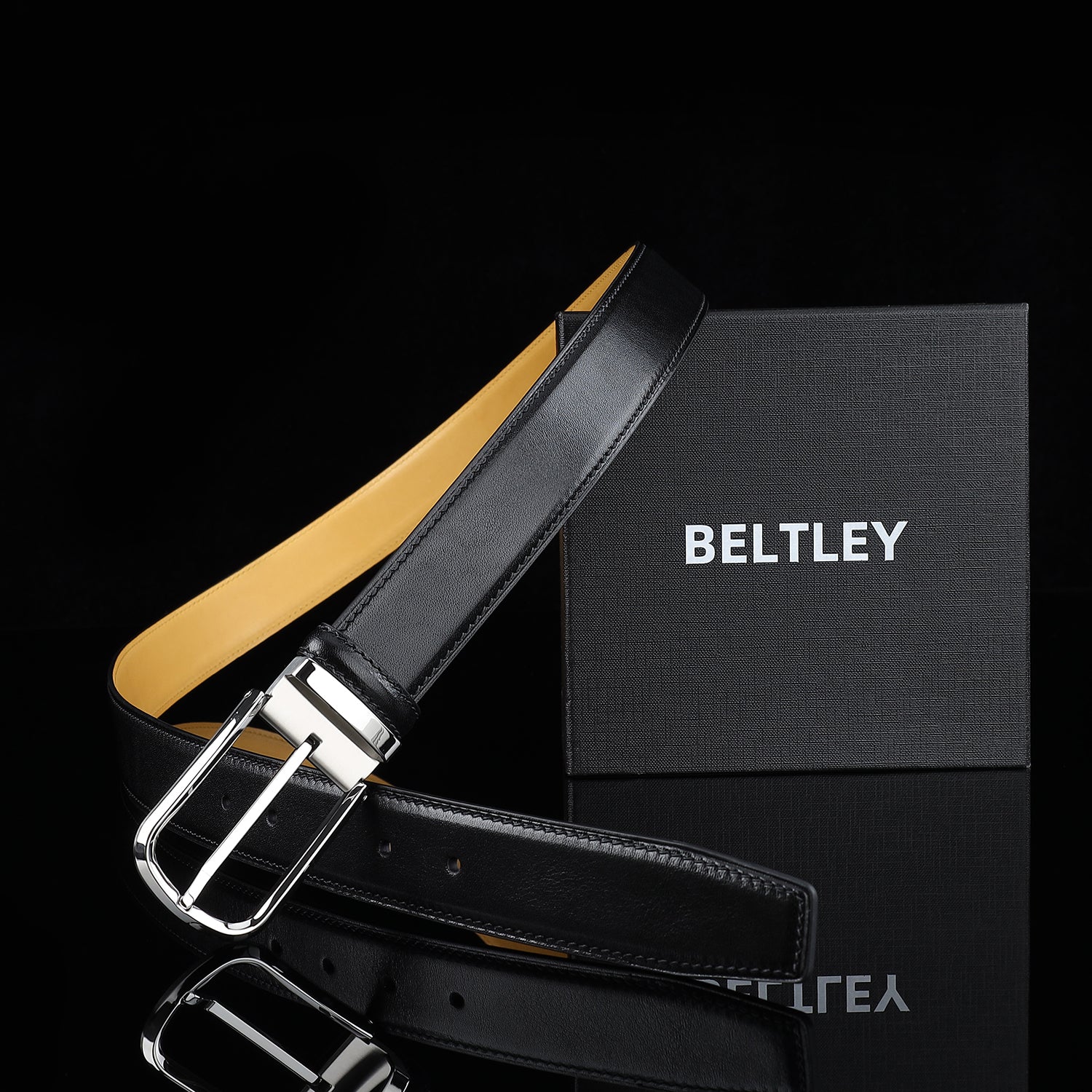 BELTLEY Black Calfskin Dress Belt 1.38" Business Casual