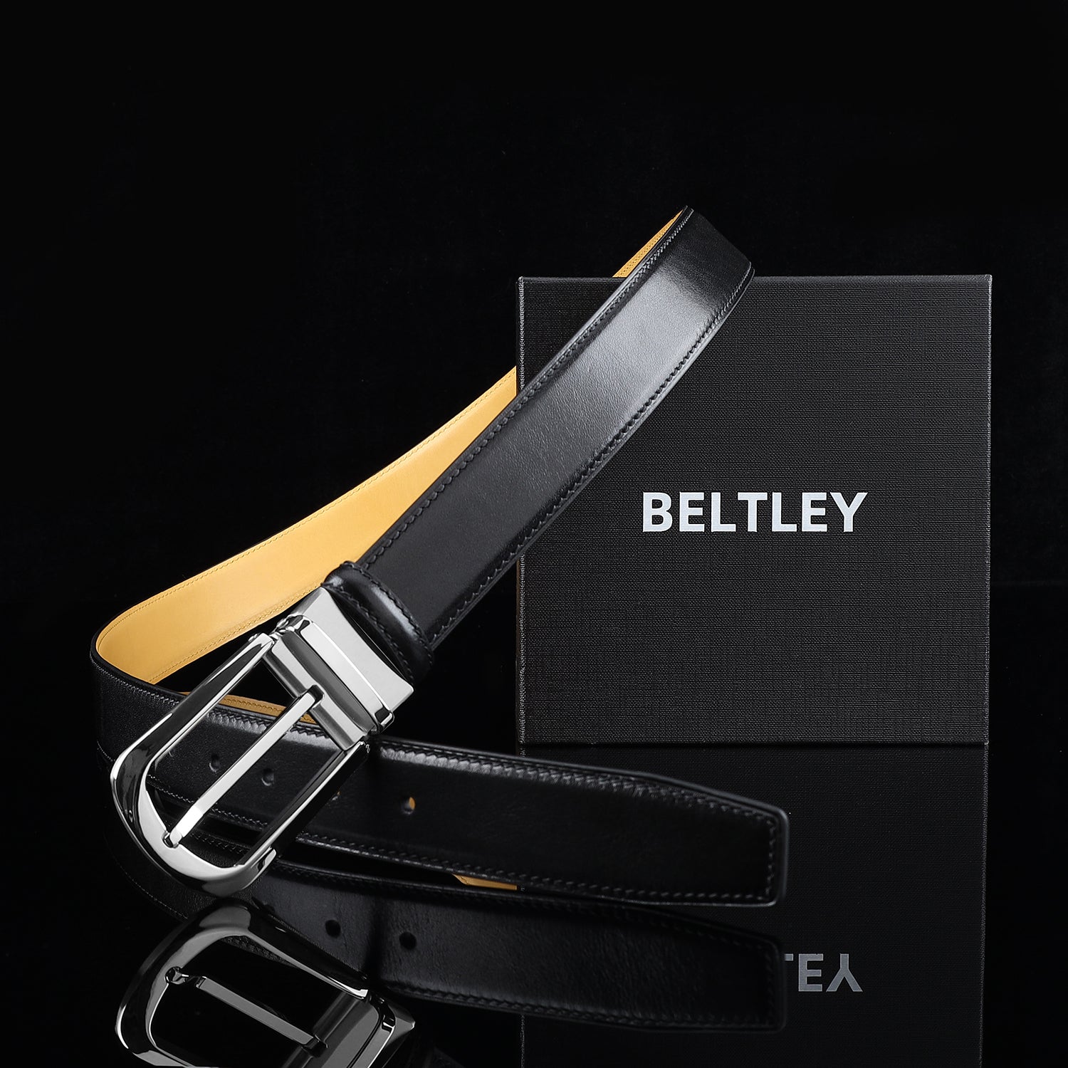 BELTLEY Black Calfskin Dress Belt 1.38" Wide