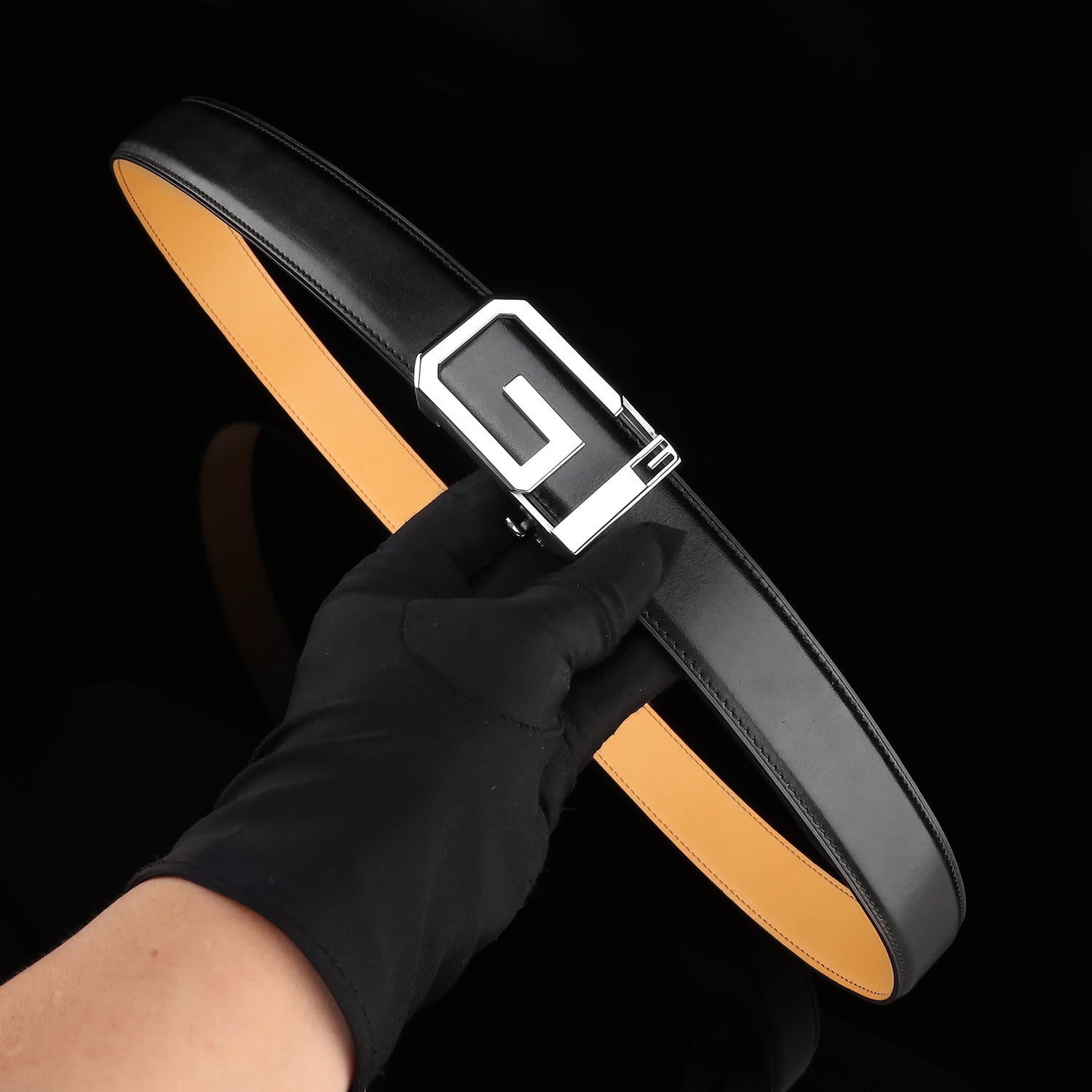 BELTLEY Black Calfskin Leather Belt with G Ratchet Buckle