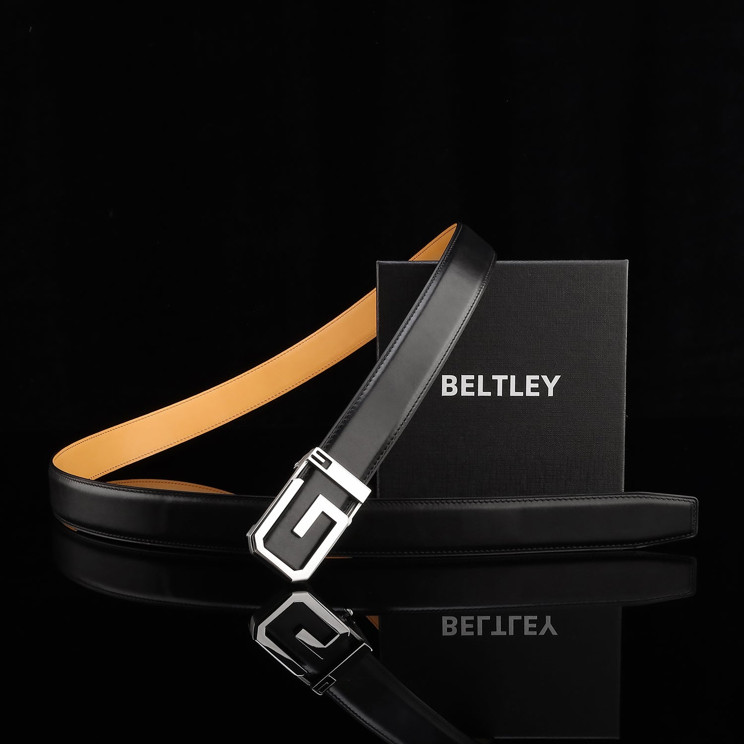 BELTLEY Black Calfskin Leather Belt with G Ratchet Buckle