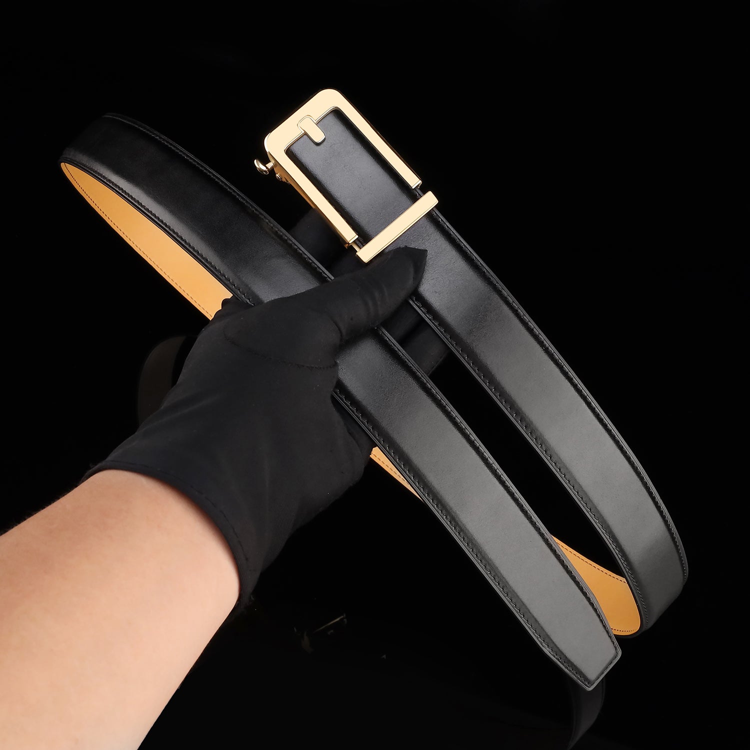 BELTLEY Black Calfskin Leather Belt with Minimal Ratchet Buckle