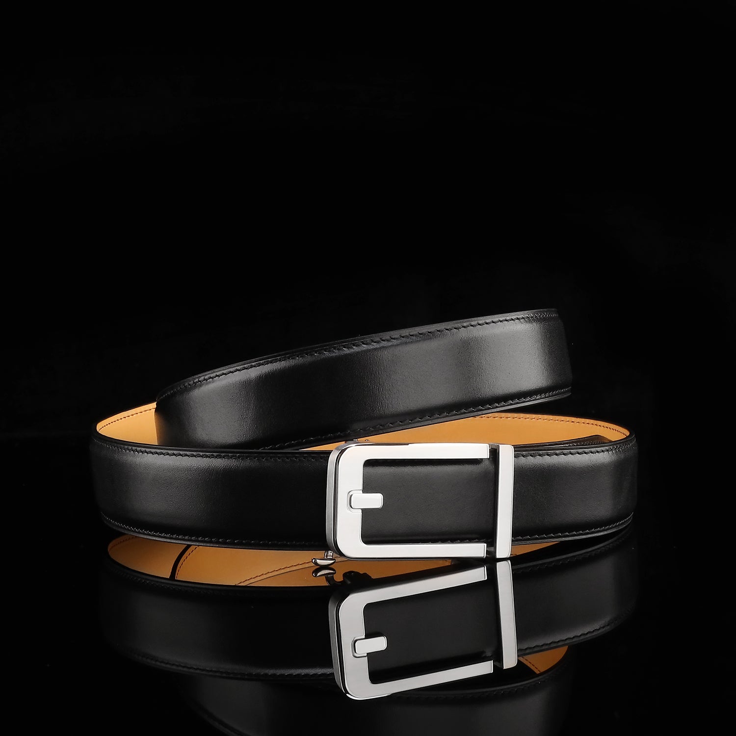 BELTLEY Black Calfskin Leather Belt with Minimal Ratchet Buckle