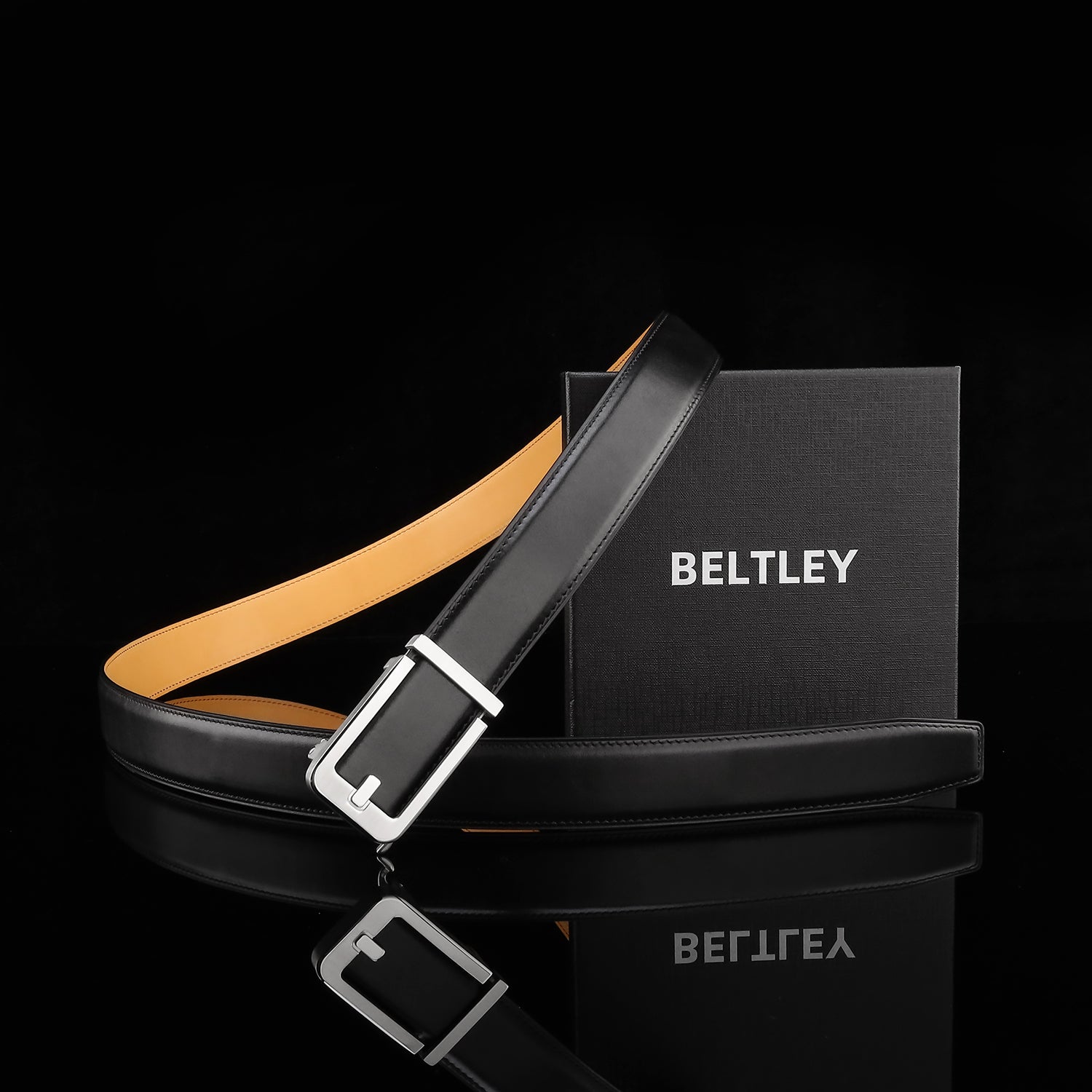 BELTLEY Black Calfskin Leather Belt with Minimal Ratchet Buckle