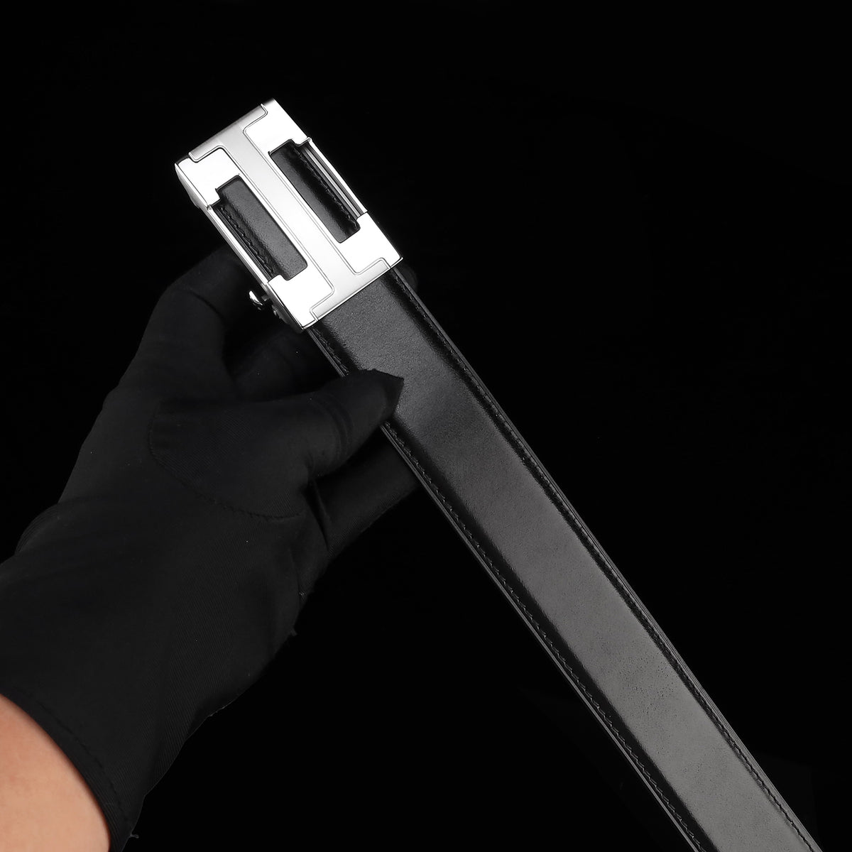 BELTLEY Black Calfskin Leather Belt with Ratchet Buckle