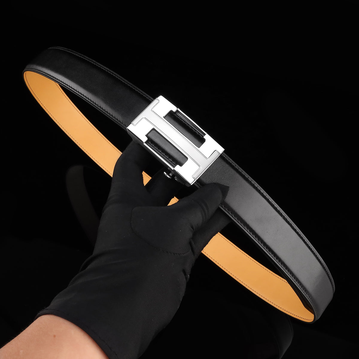 BELTLEY Black Calfskin Leather Belt with Ratchet Buckle