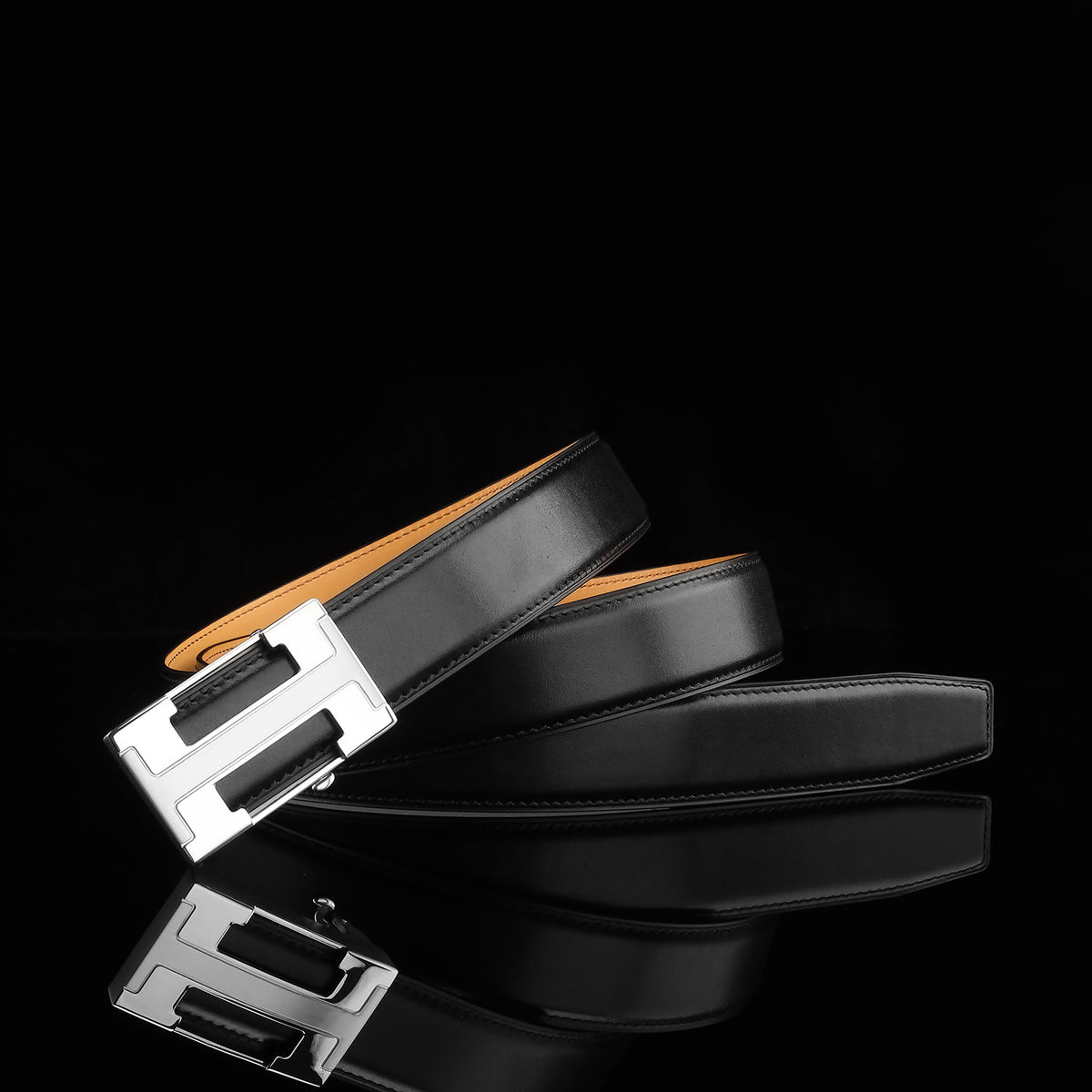 BELTLEY Black Calfskin Leather Belt with Ratchet Buckle