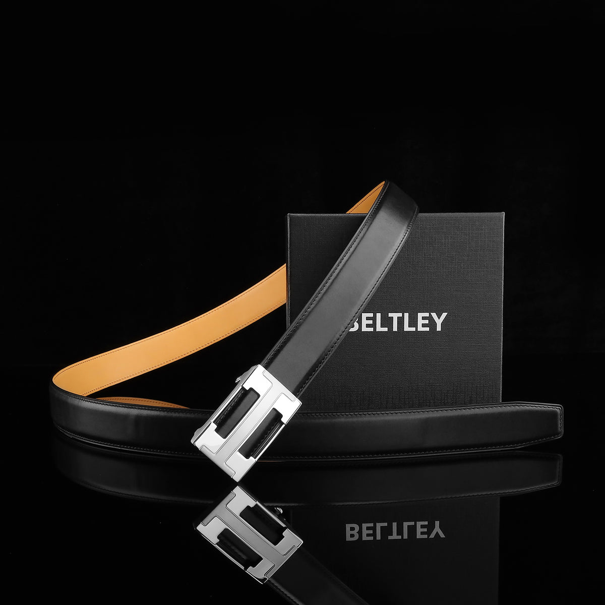 BELTLEY Black Calfskin Leather Belt with Ratchet Buckle