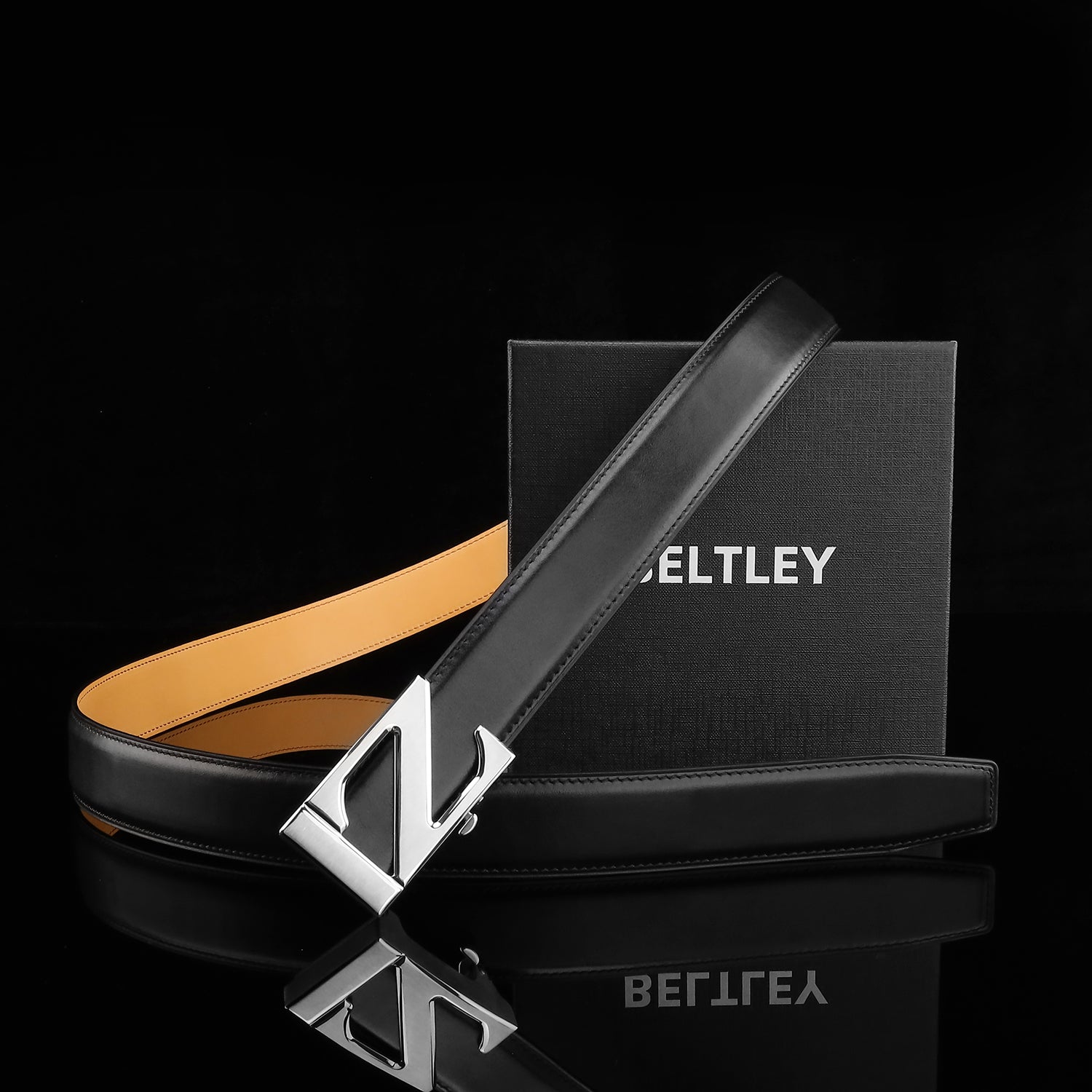 BELTLEY Black Calfskin Leather Belt with Ratchet Z Buckle