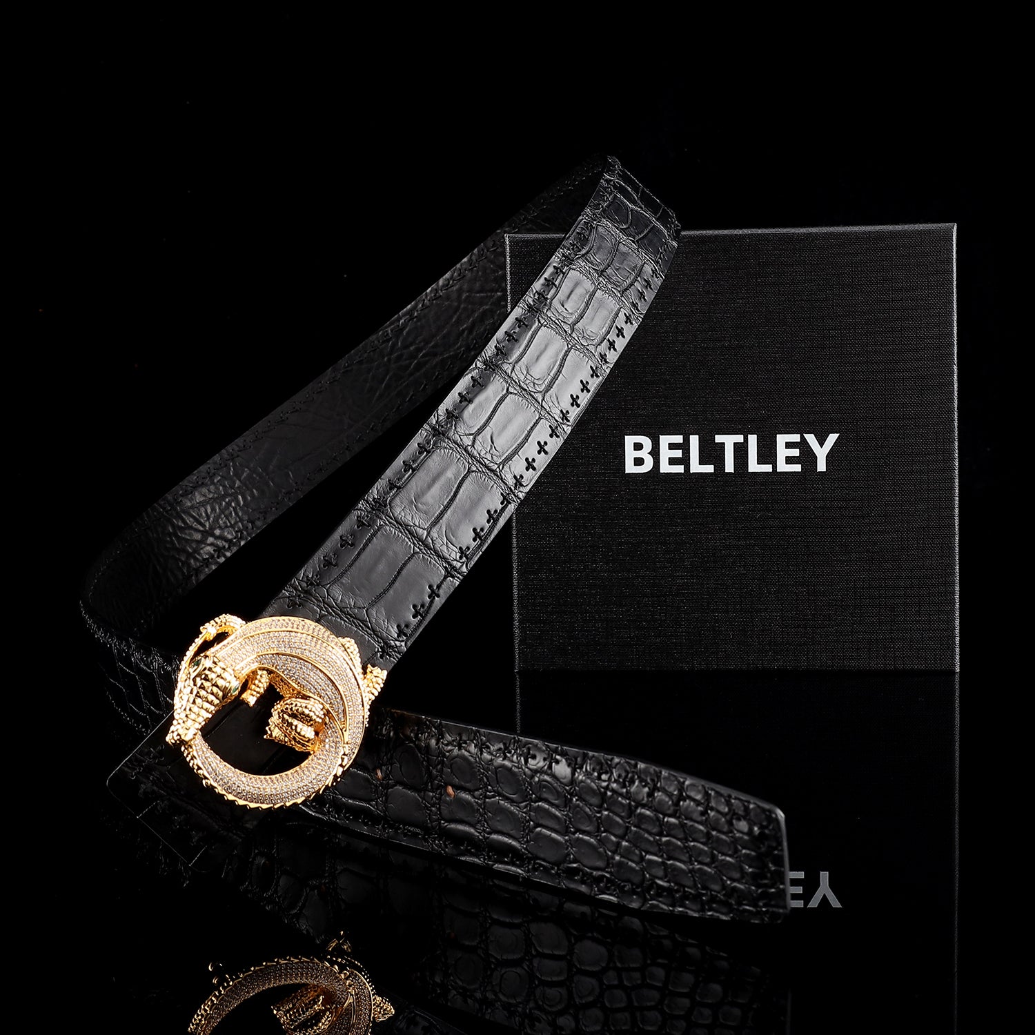 Black Crocodile Leather Belt -Unique BELT Buckle — reverse side | BELTLEY