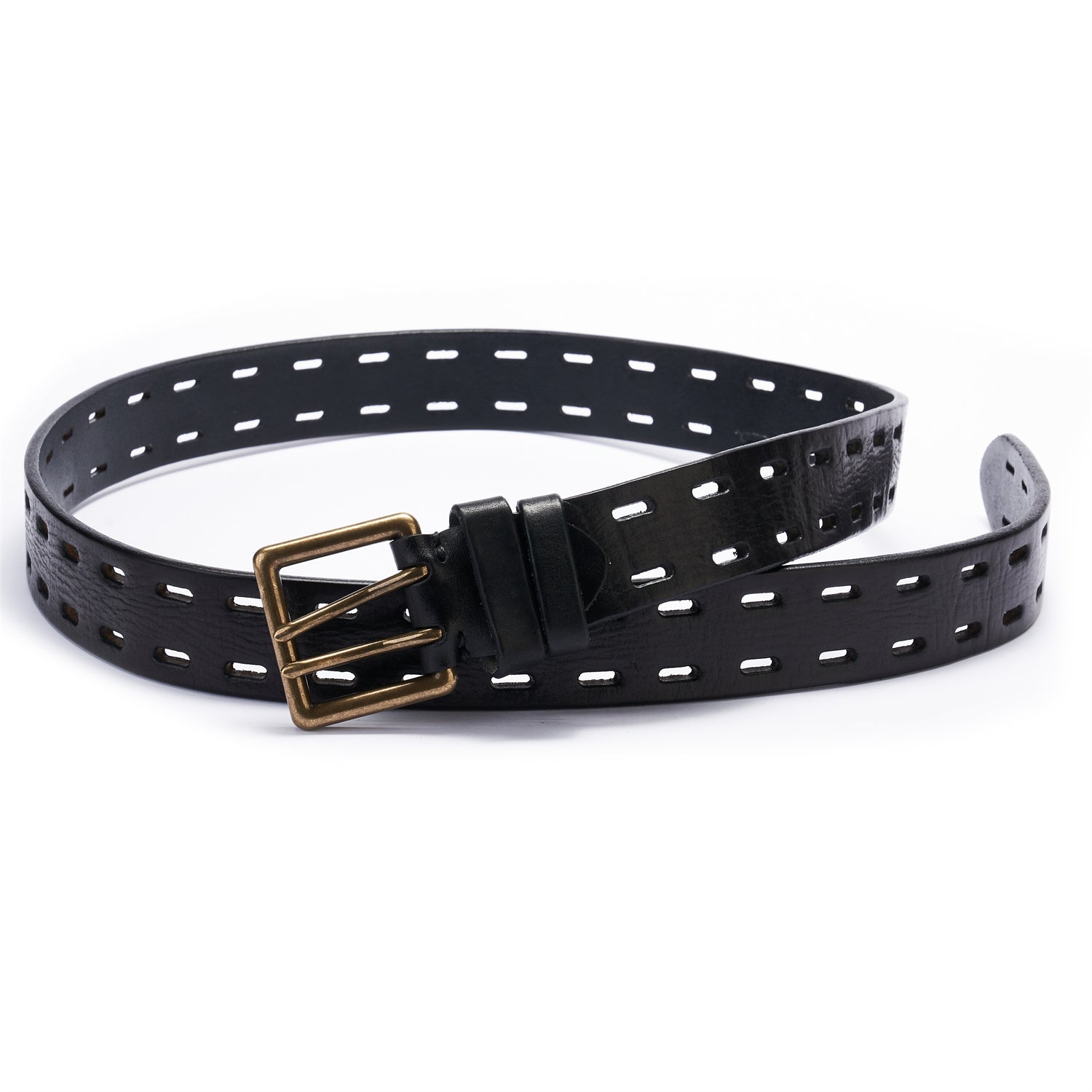 BELTLEY Black Double Prong Leather Belt for Men -100% Full-Grain