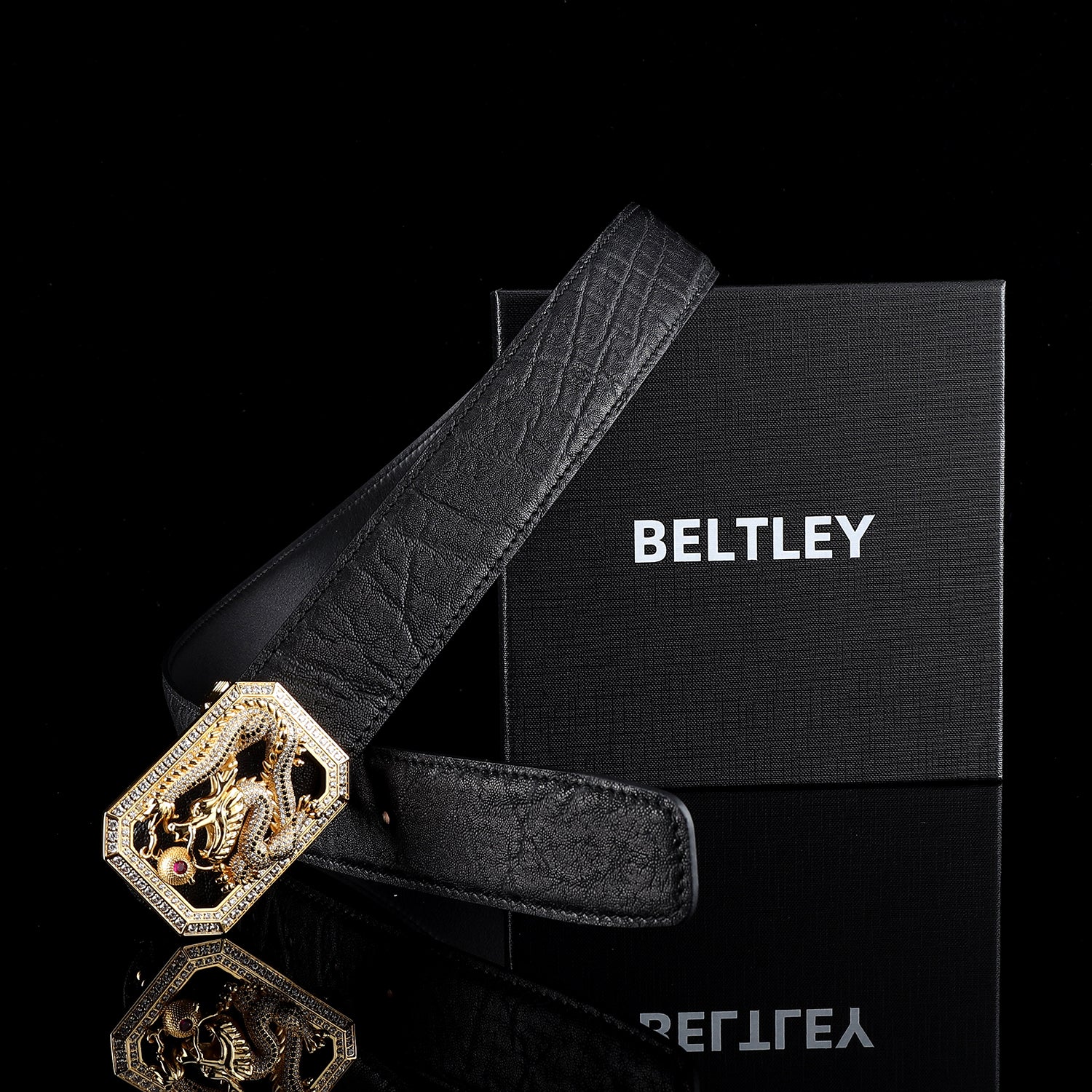 BELTLEY Black Elephant Skin Belt 1.5 Inches - Chinese Long Buckle