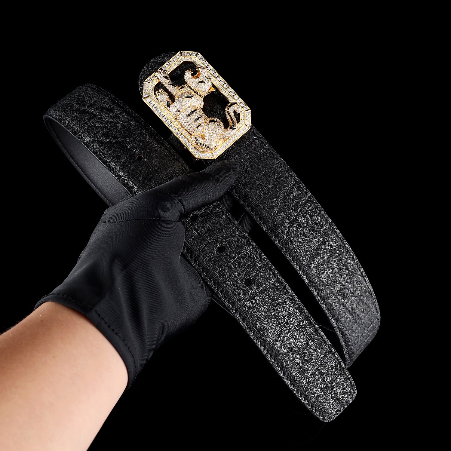 BELTLEY Black Elephant Skin Belt — 1.5" Luxury Tiger Buckle