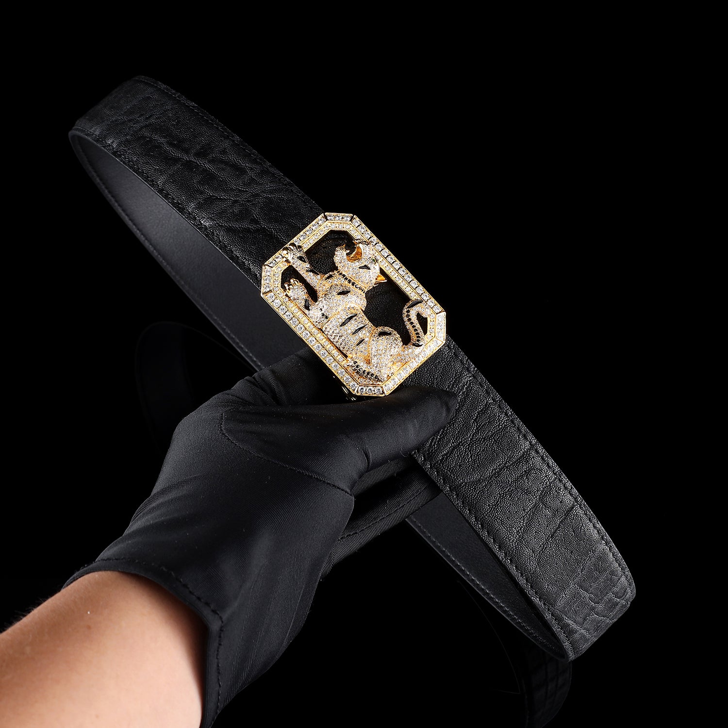 BELTLEY Black Elephant Skin Belt — 1.5" Luxury Tiger Buckle