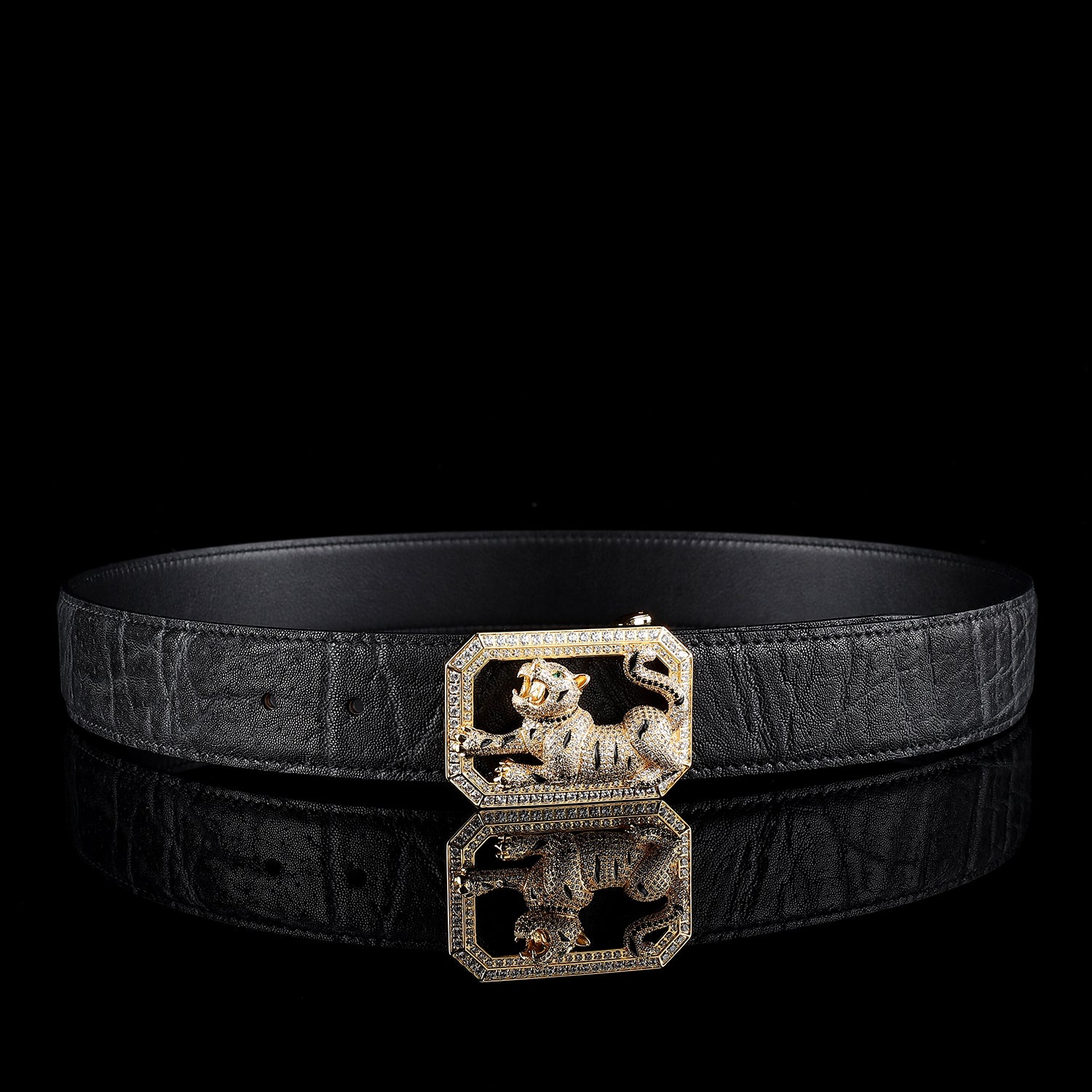 BELTLEY Black Elephant Skin Belt — 1.5" Luxury Tiger Buckle
