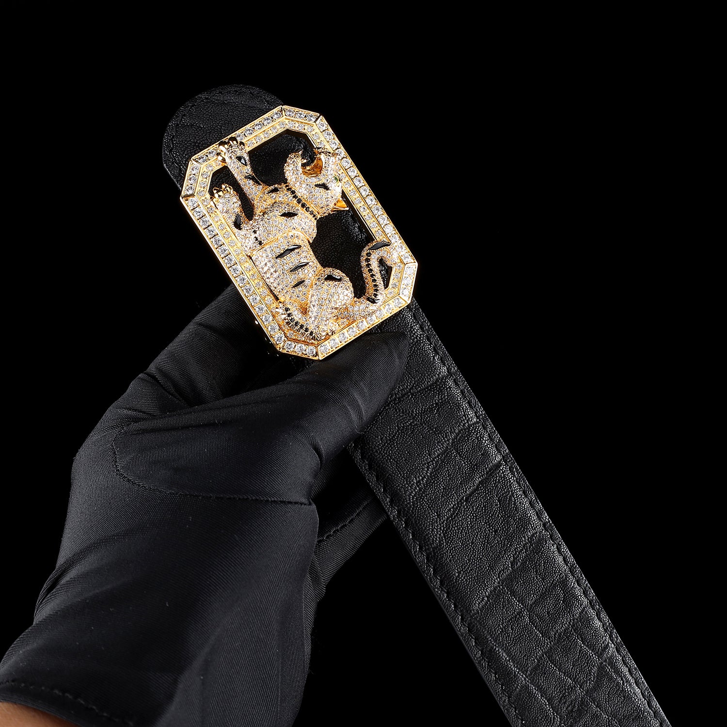 BELTLEY Black Elephant Skin Belt — 1.5" Luxury Tiger Buckle