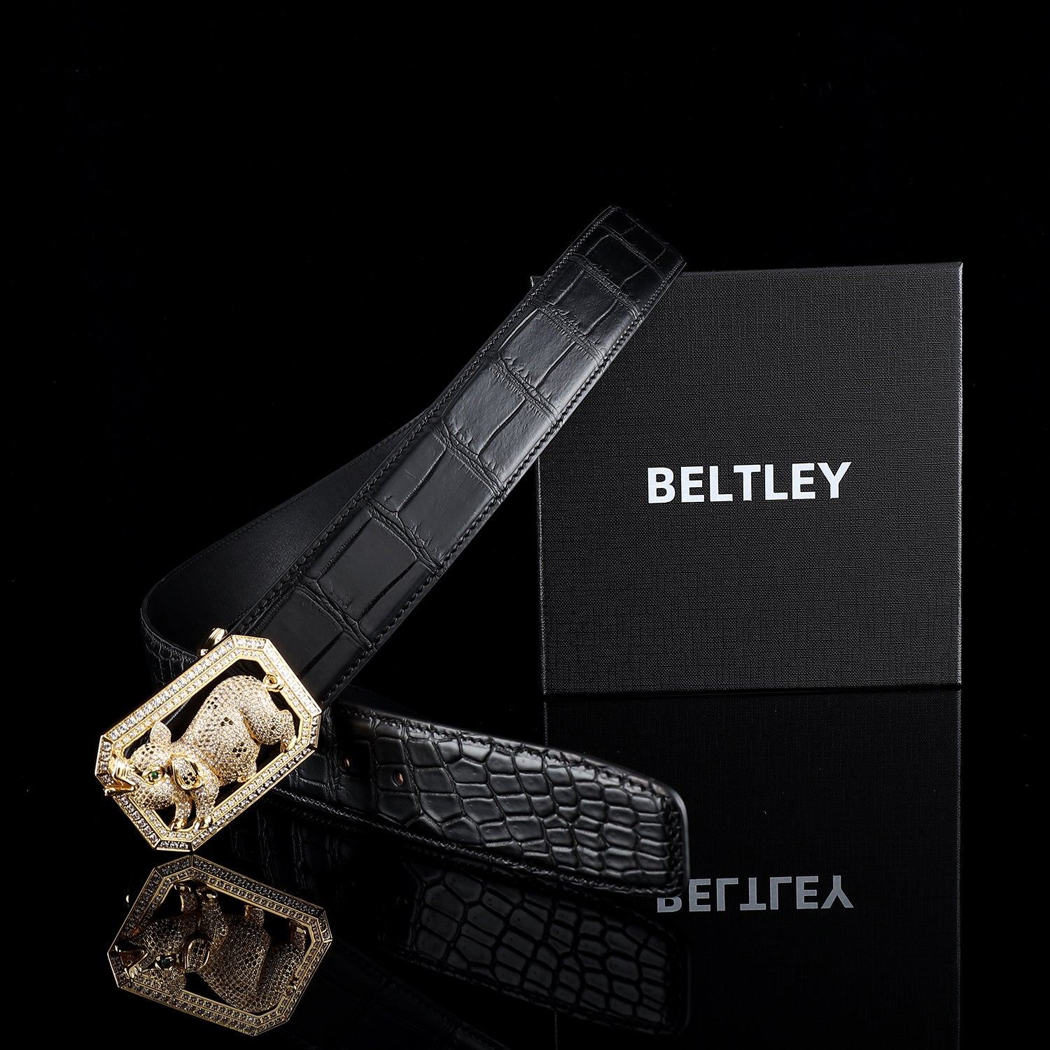 BELTLEY Black Exotic Crocodile Belt for Men-12 Zodiac Pig Buckle Belt