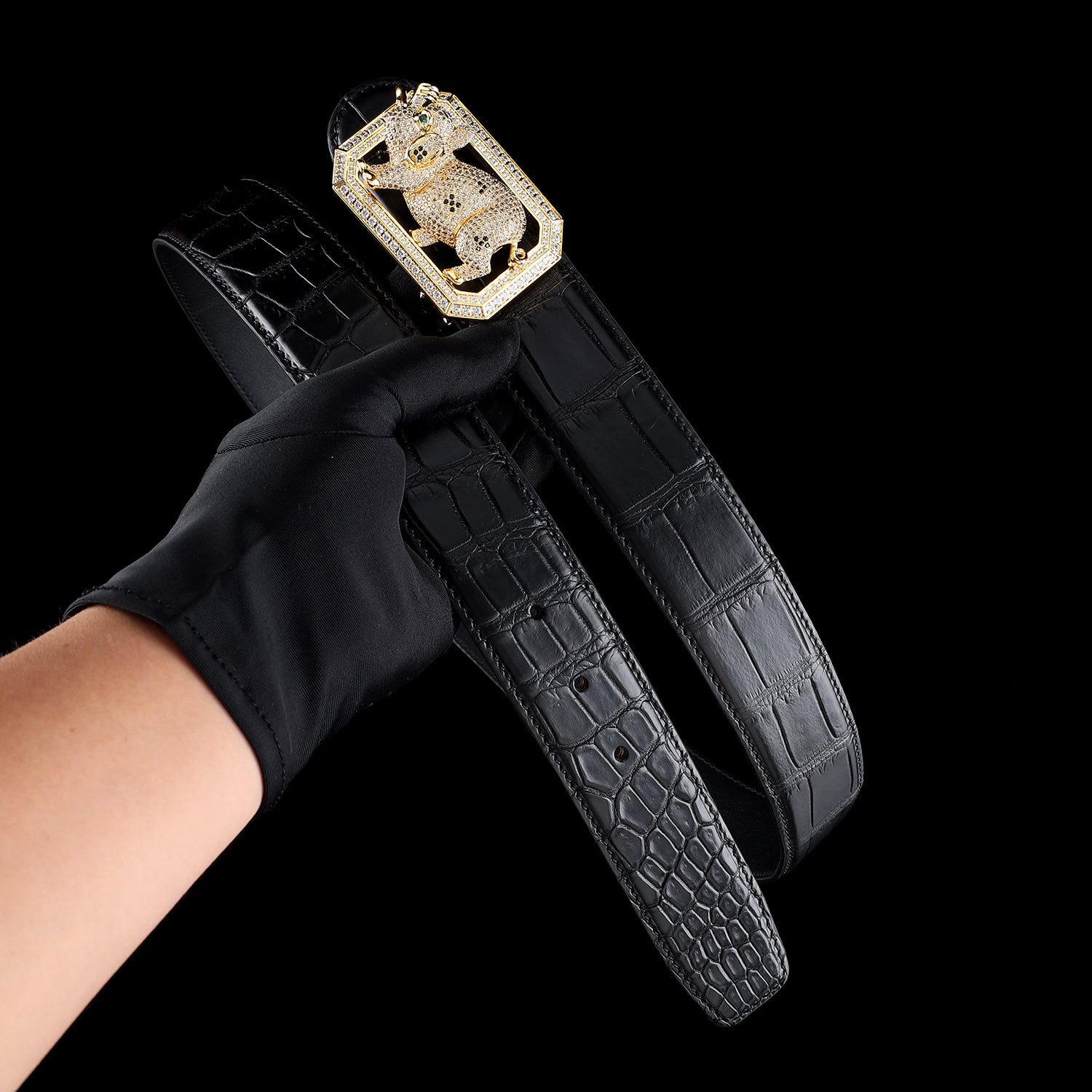 BELTLEY Black Exotic Crocodile Belt for Men-12 Zodiac Pig Buckle Belt